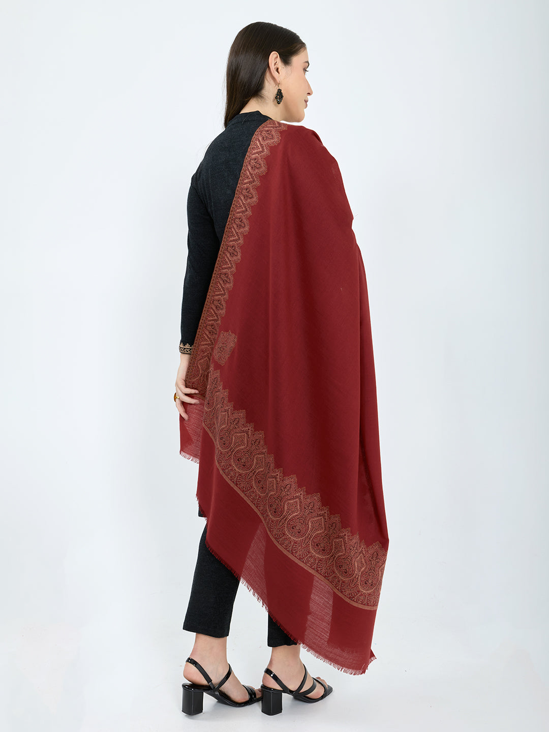 Women Maroon Embroidered Polywool Shawl