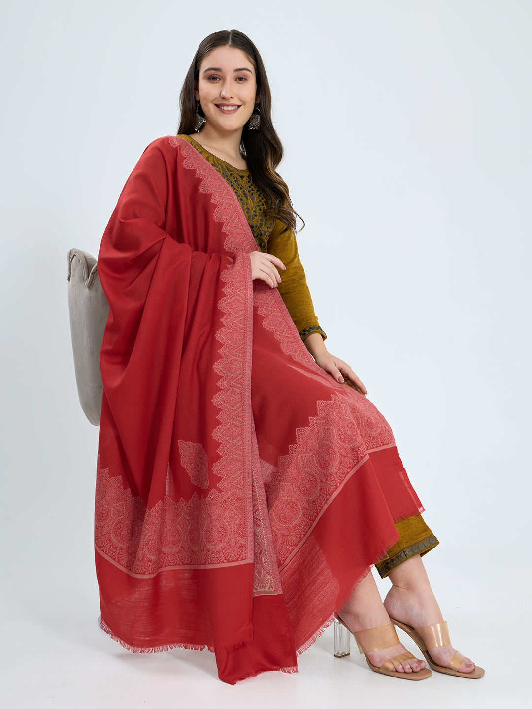 Women Red Embroidered Polywool Shawl