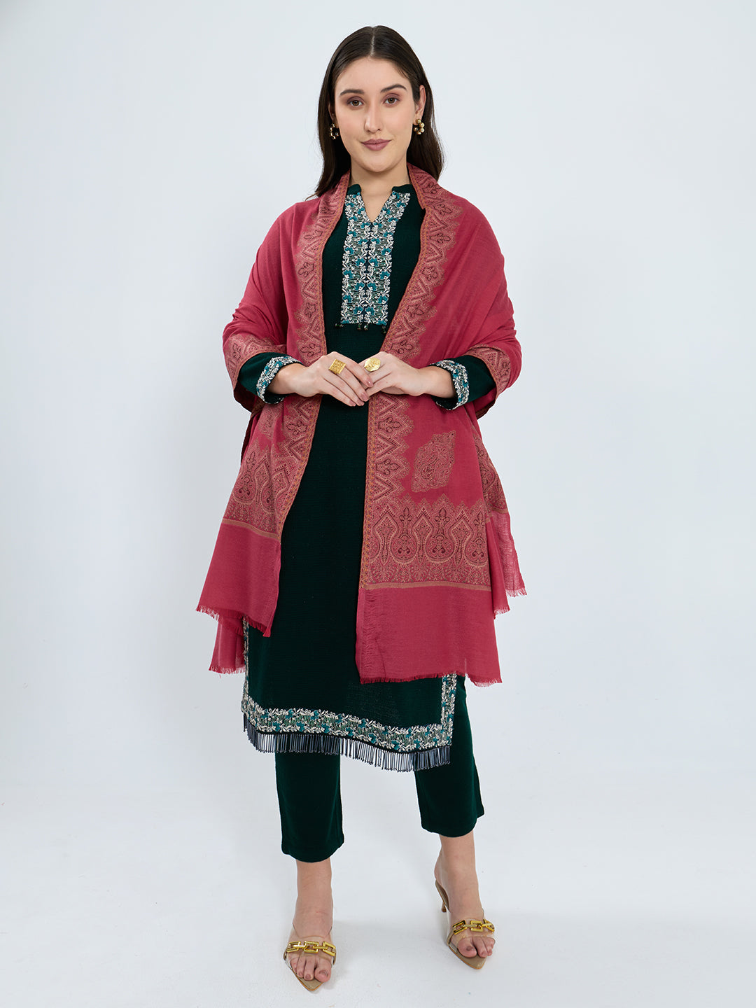 Women Red Embroidered Polywool Shawl