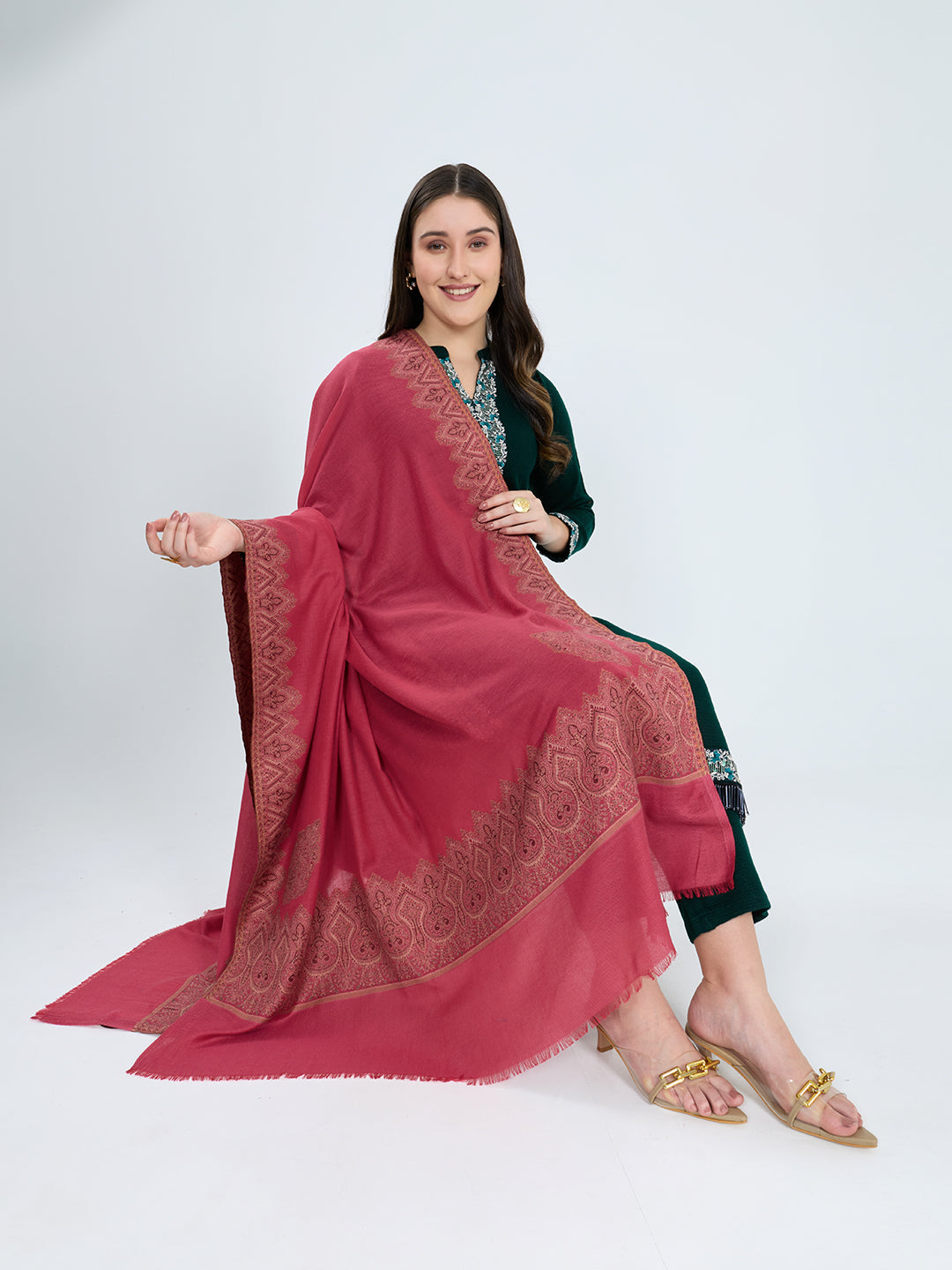 Women Red Embroidered Polywool Shawl