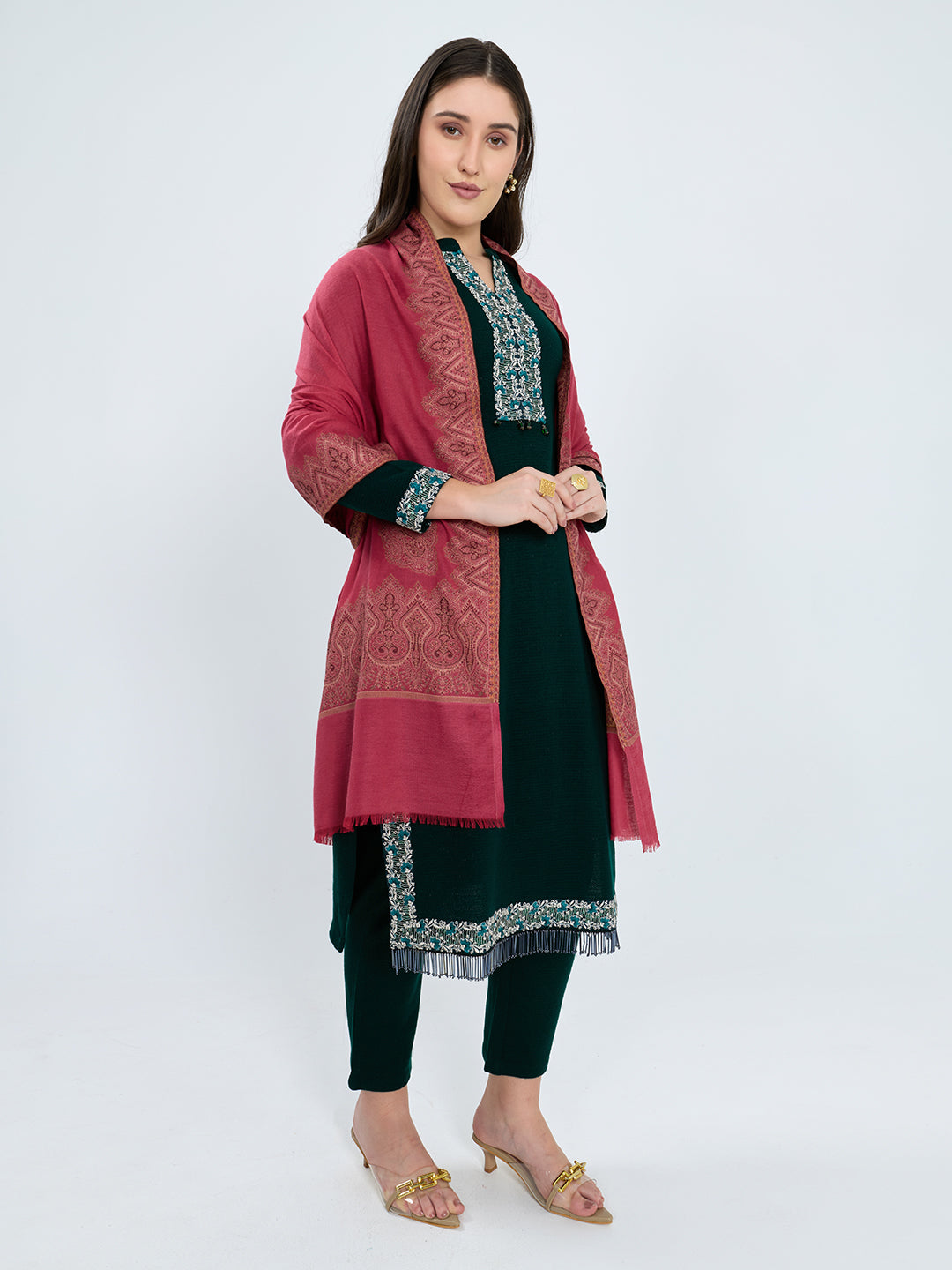 Women Red Embroidered Polywool Shawl