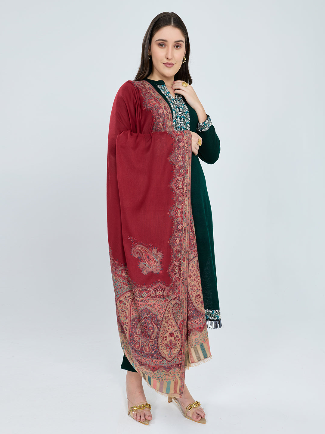 Women Maroon Paisley Print Polyester Shawl