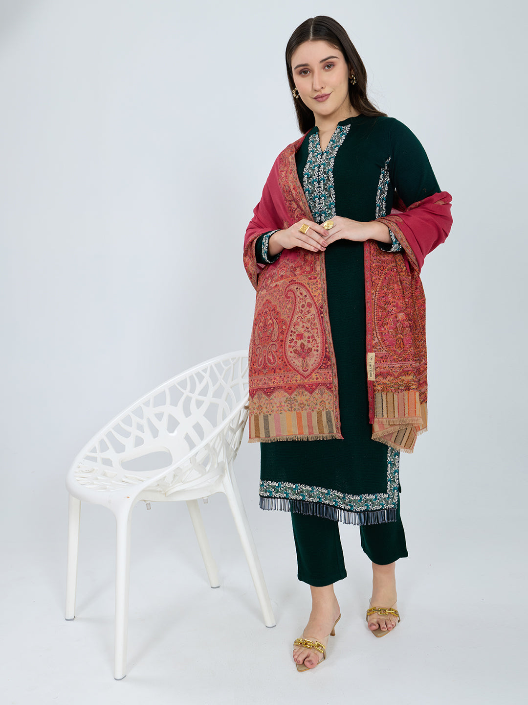 Women Red Paisley Print Polyester Shawl