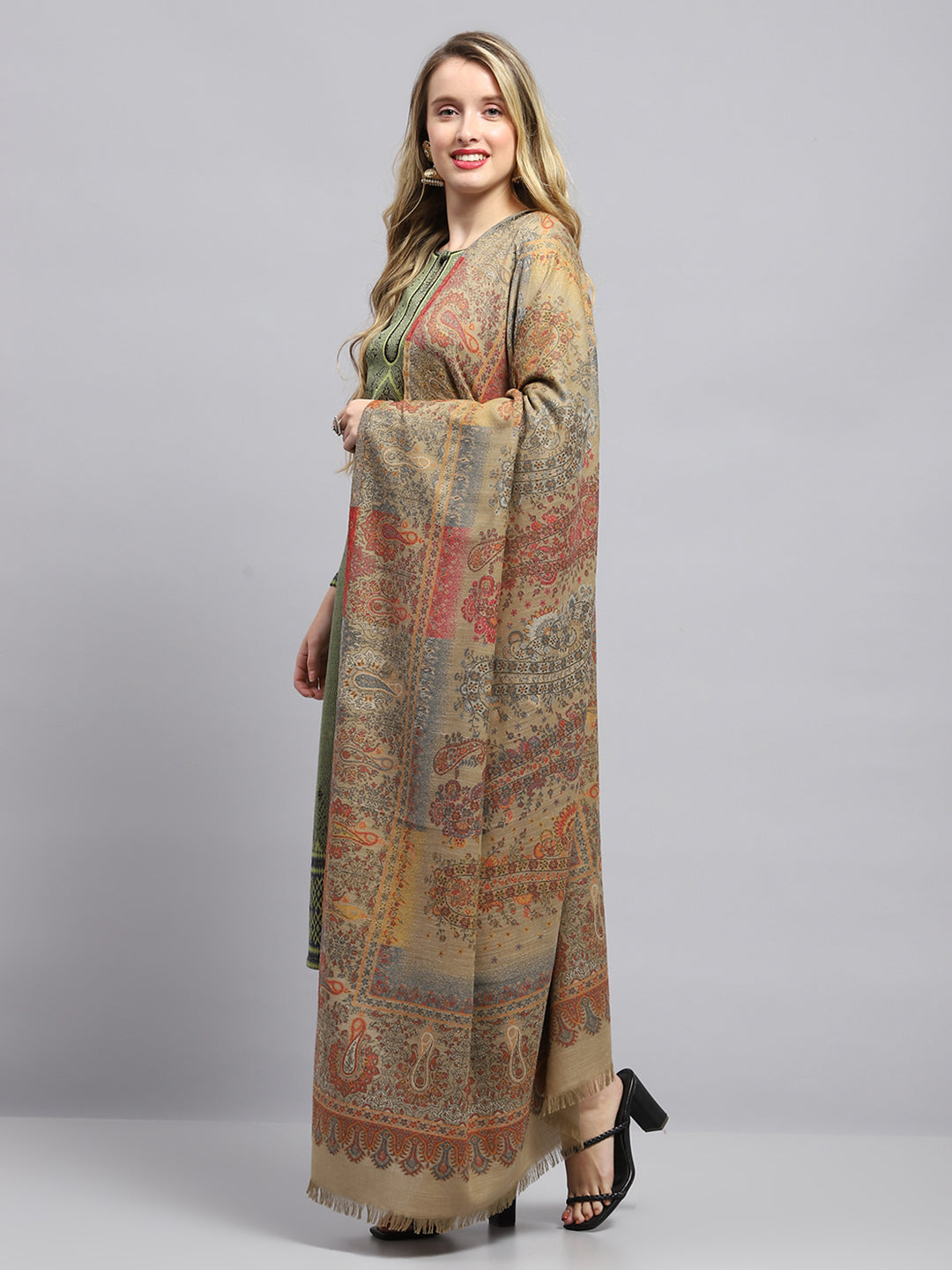 Women Beige Self Design Shawl