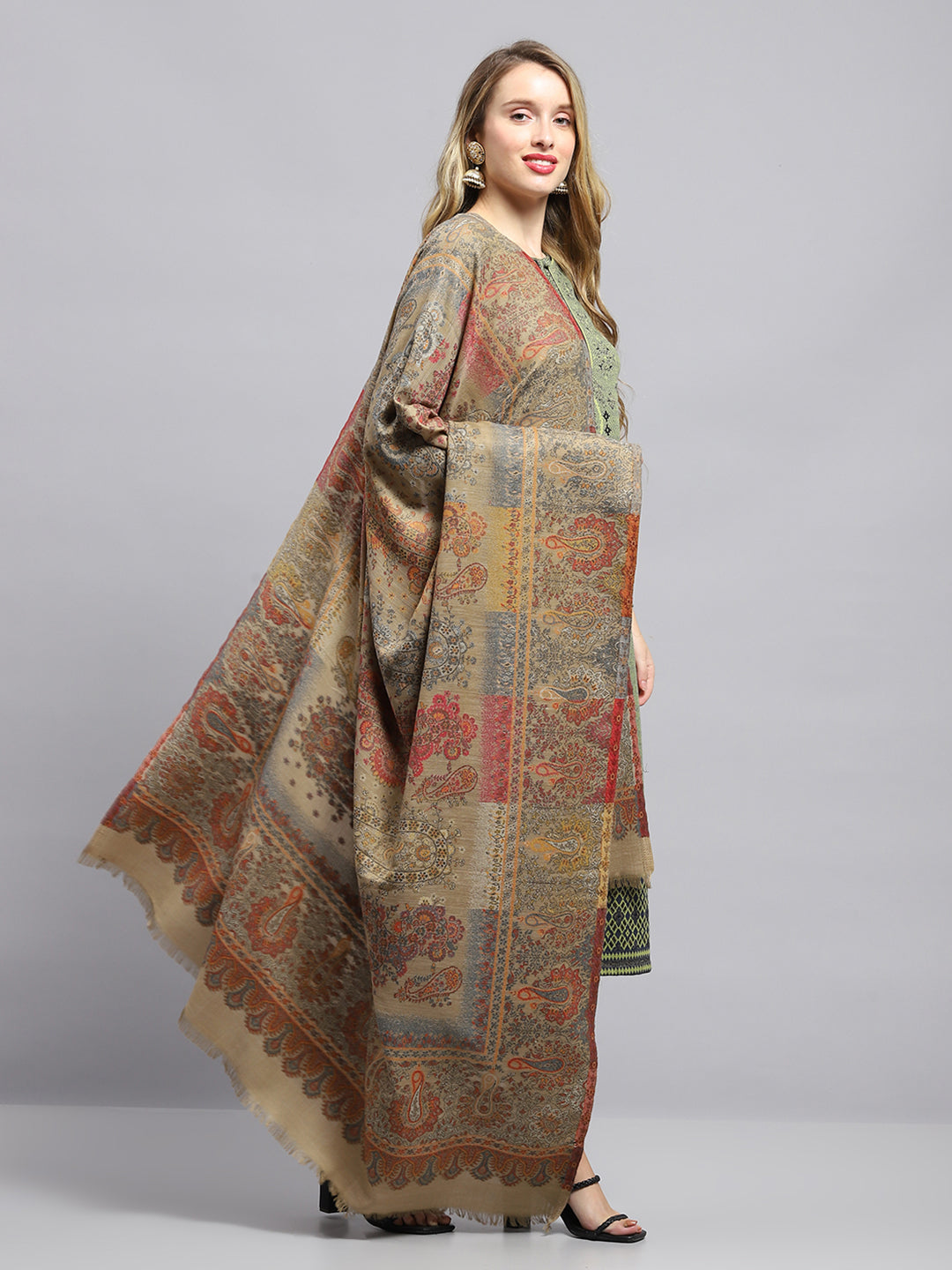 Women Beige Self Design Shawl