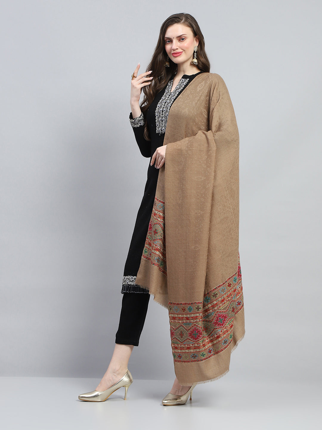 Women Khaki Self Design Shawl
