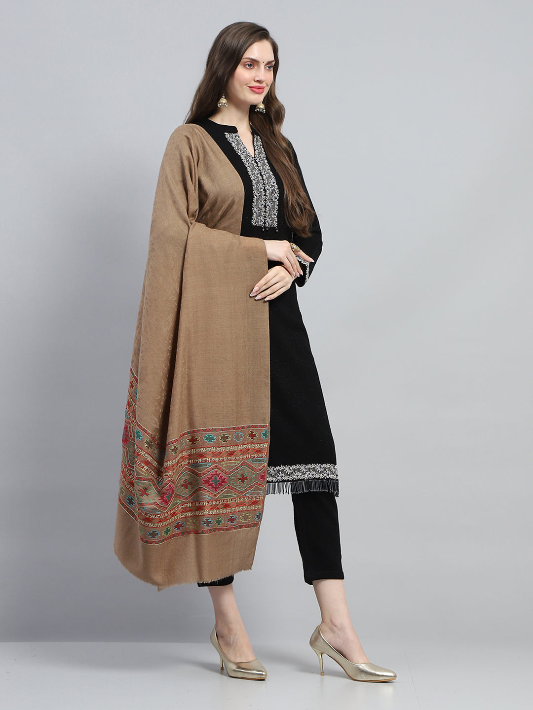 Women Khaki Self Design Shawl