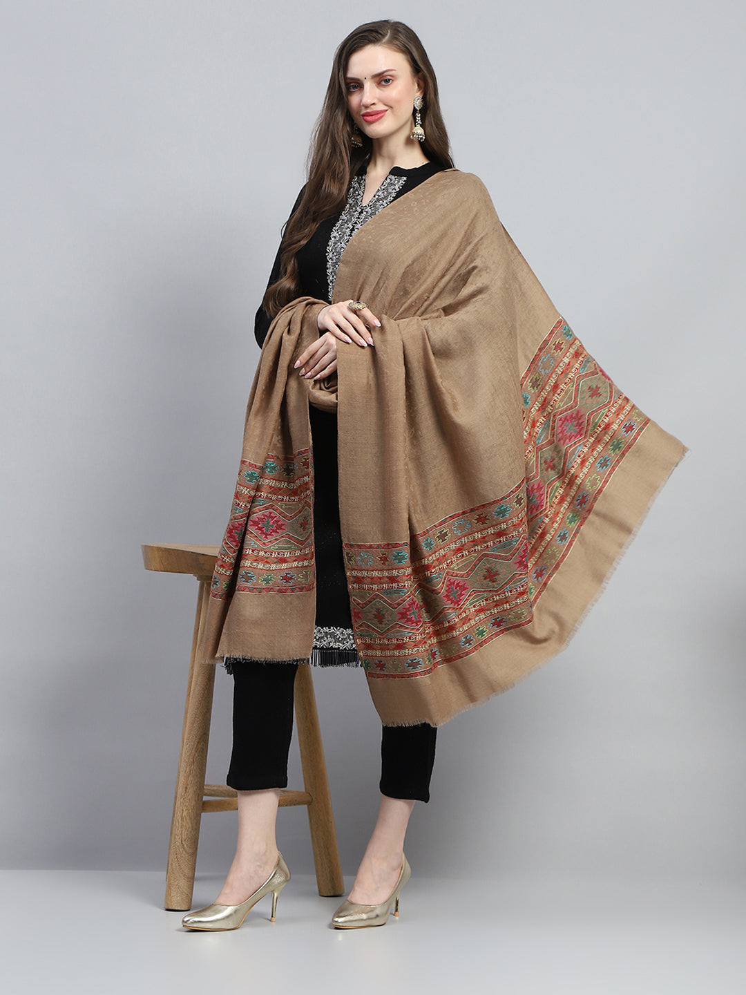 Women Khaki Self Design Shawl