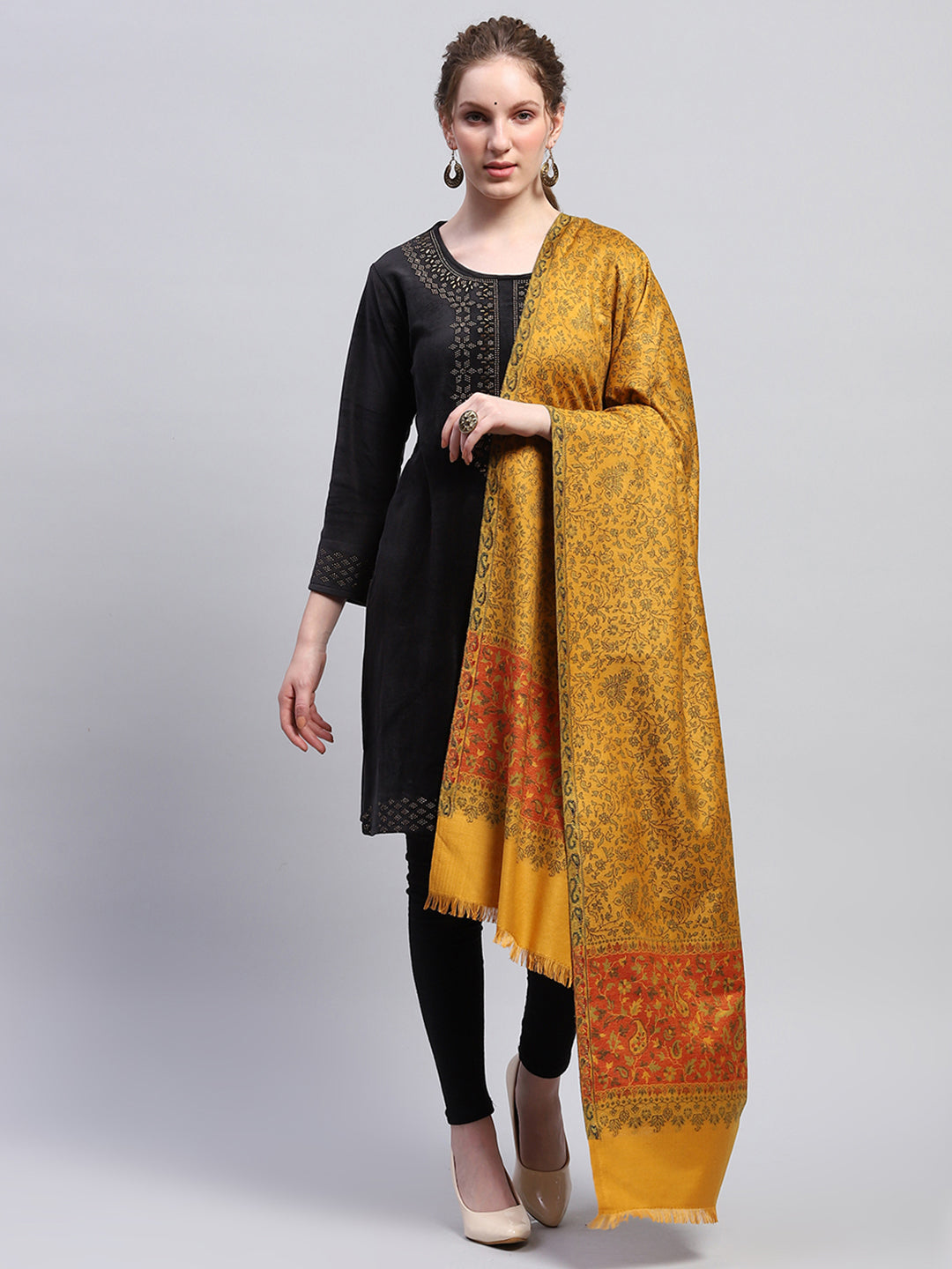 Women Mustard Self Design Shawl