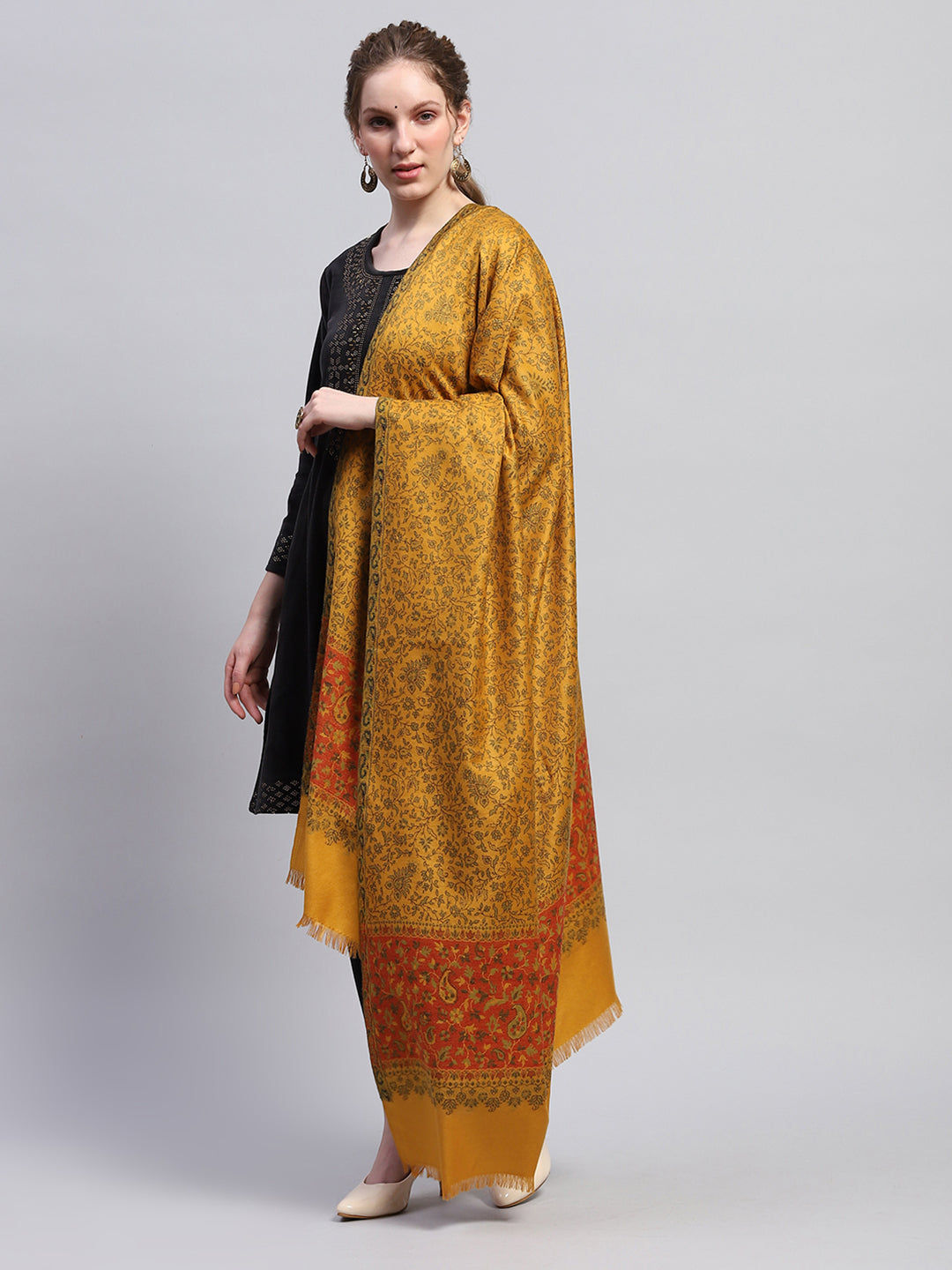 Women Mustard Self Design Shawl