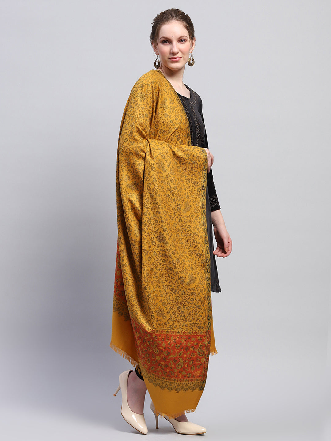 Women Mustard Self Design Shawl