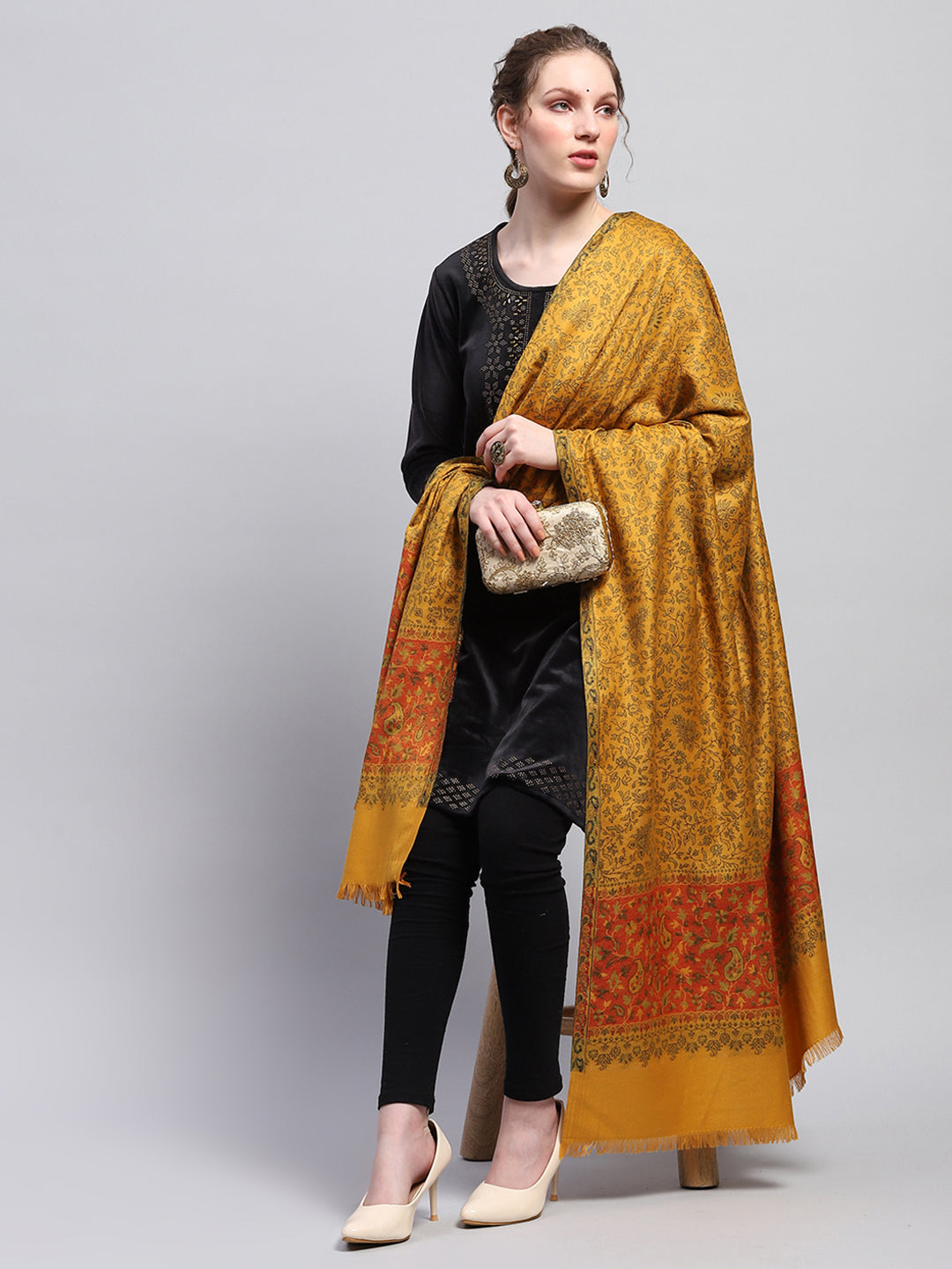 Women Mustard Self Design Shawl