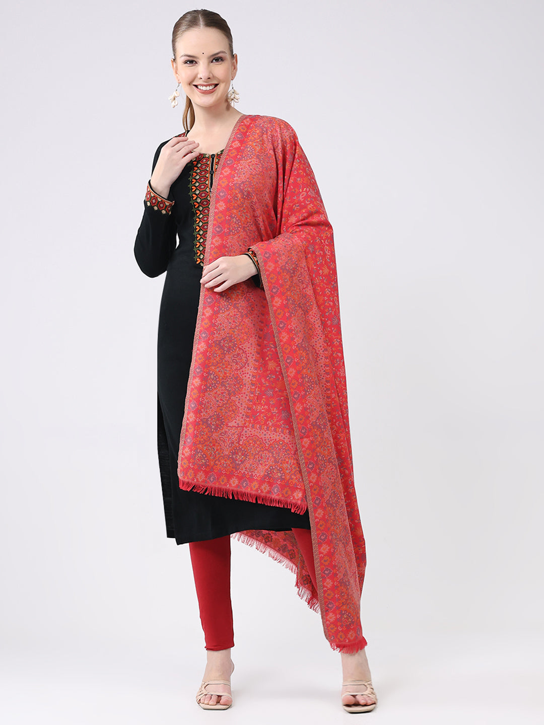 Women Pink Self Design Wool Shawl