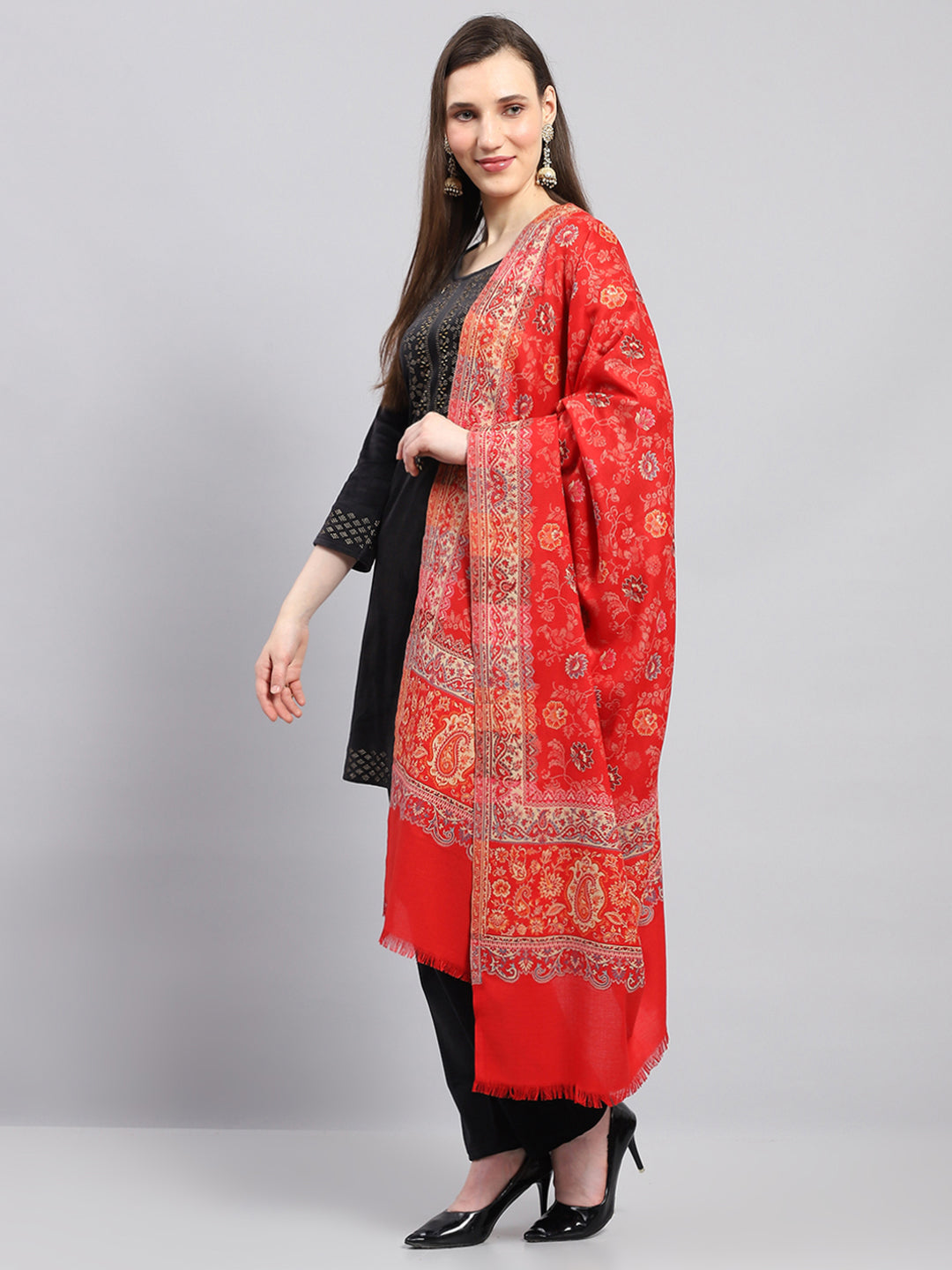 Women Red Self Design Shawl