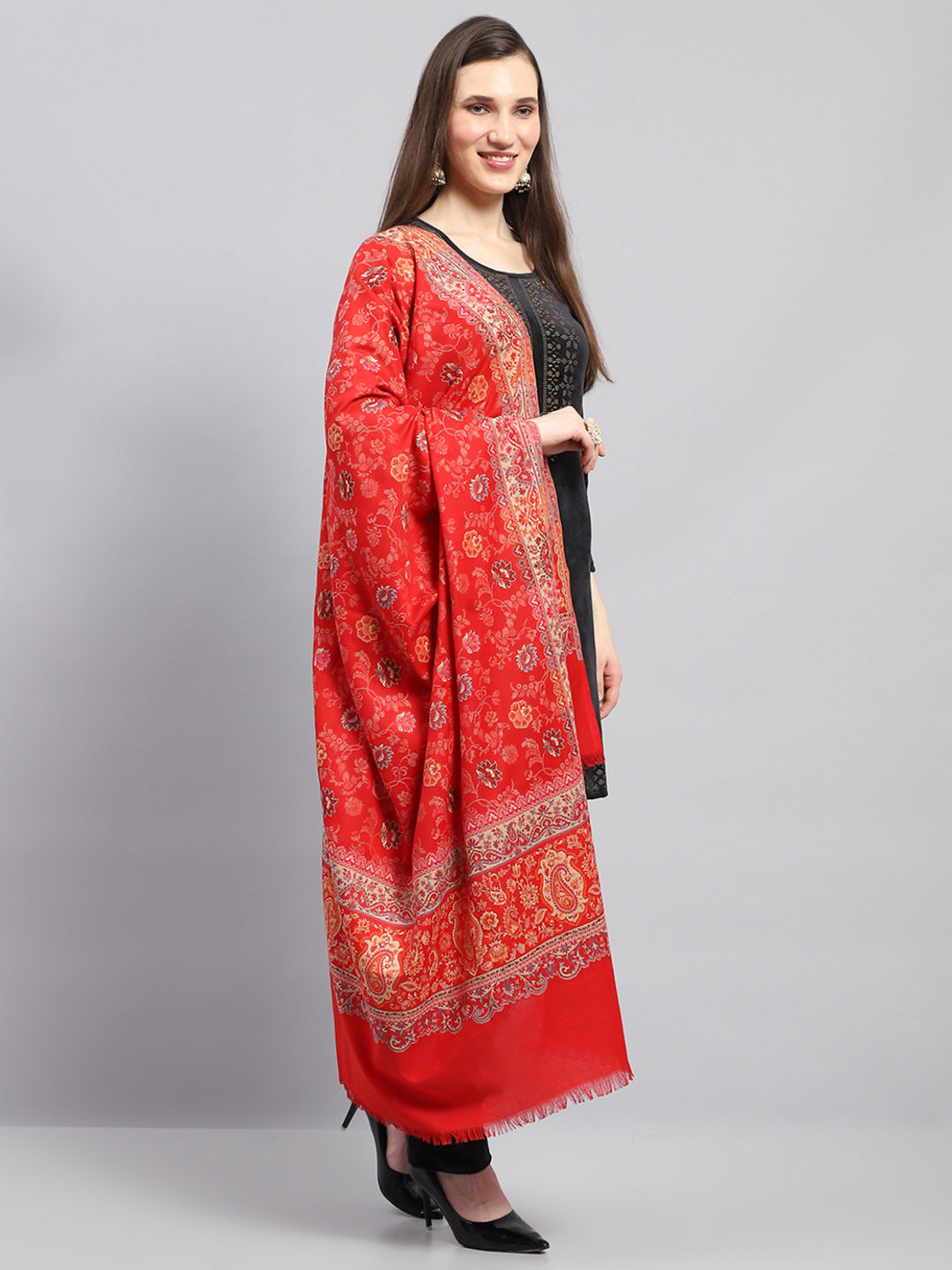 Women Red Self Design Shawl