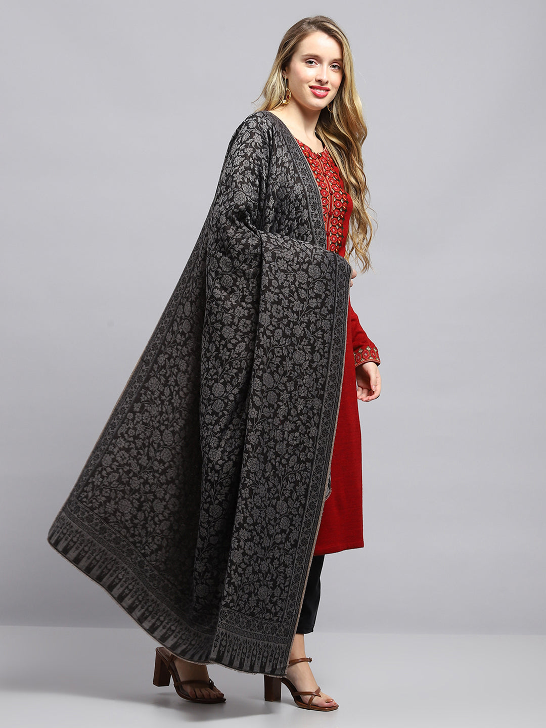 Women Black Self Design Shawl