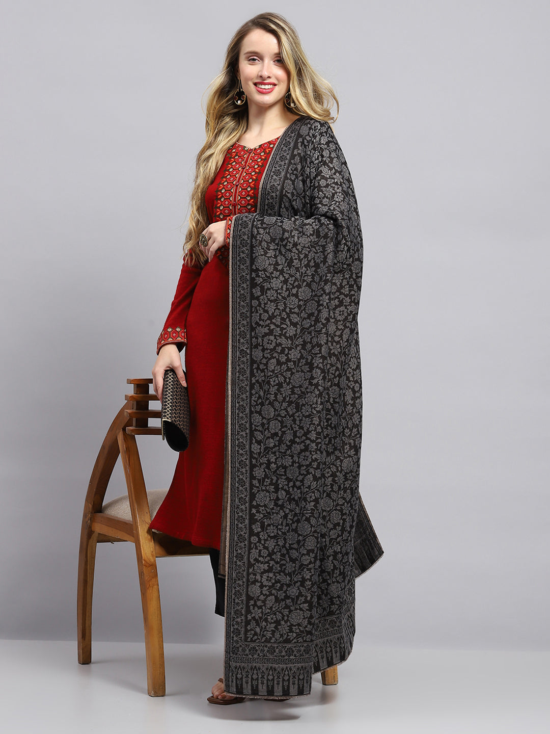 Women Black Self Design Shawl