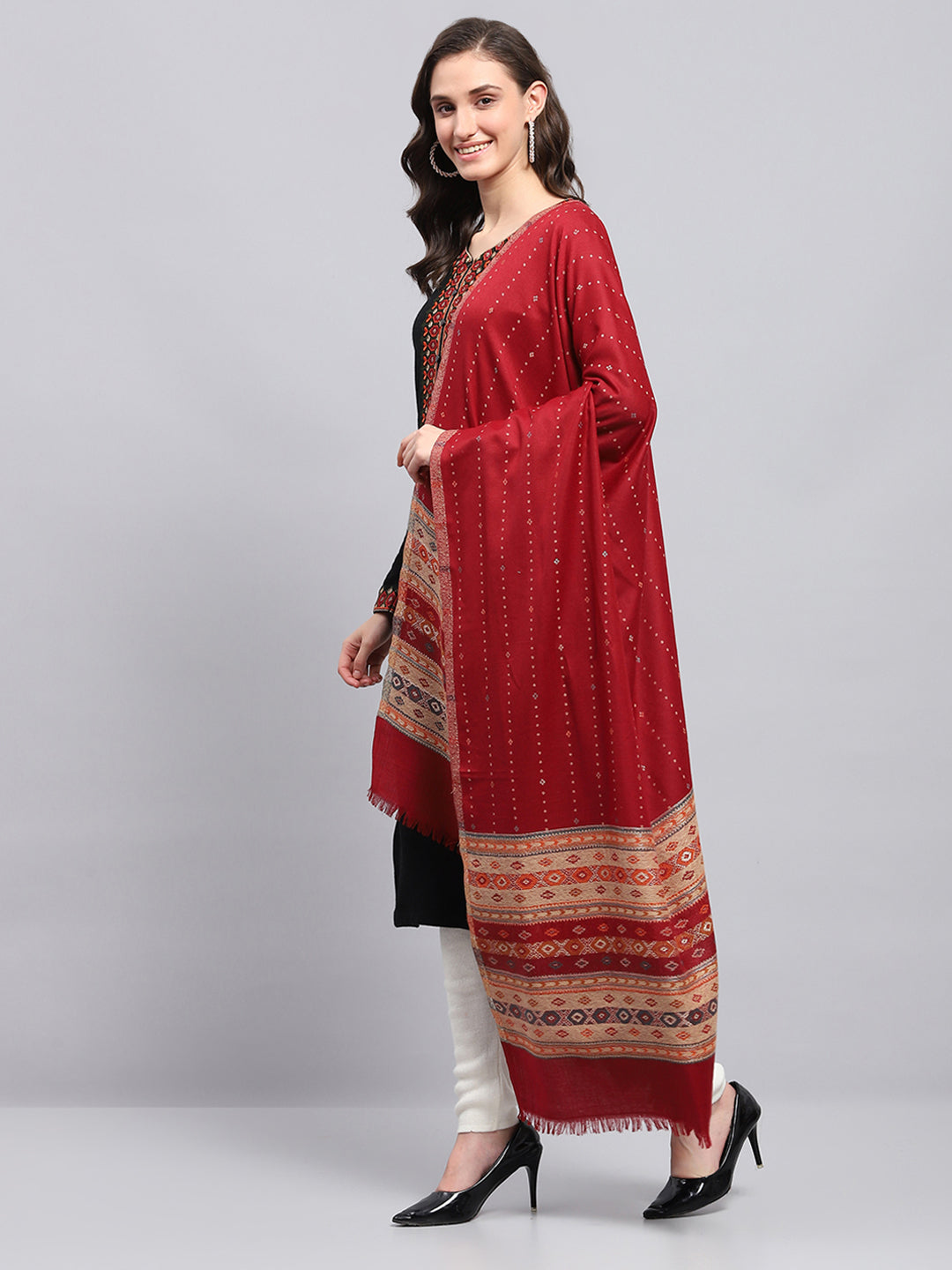 Women Maroon Self Design Shawl