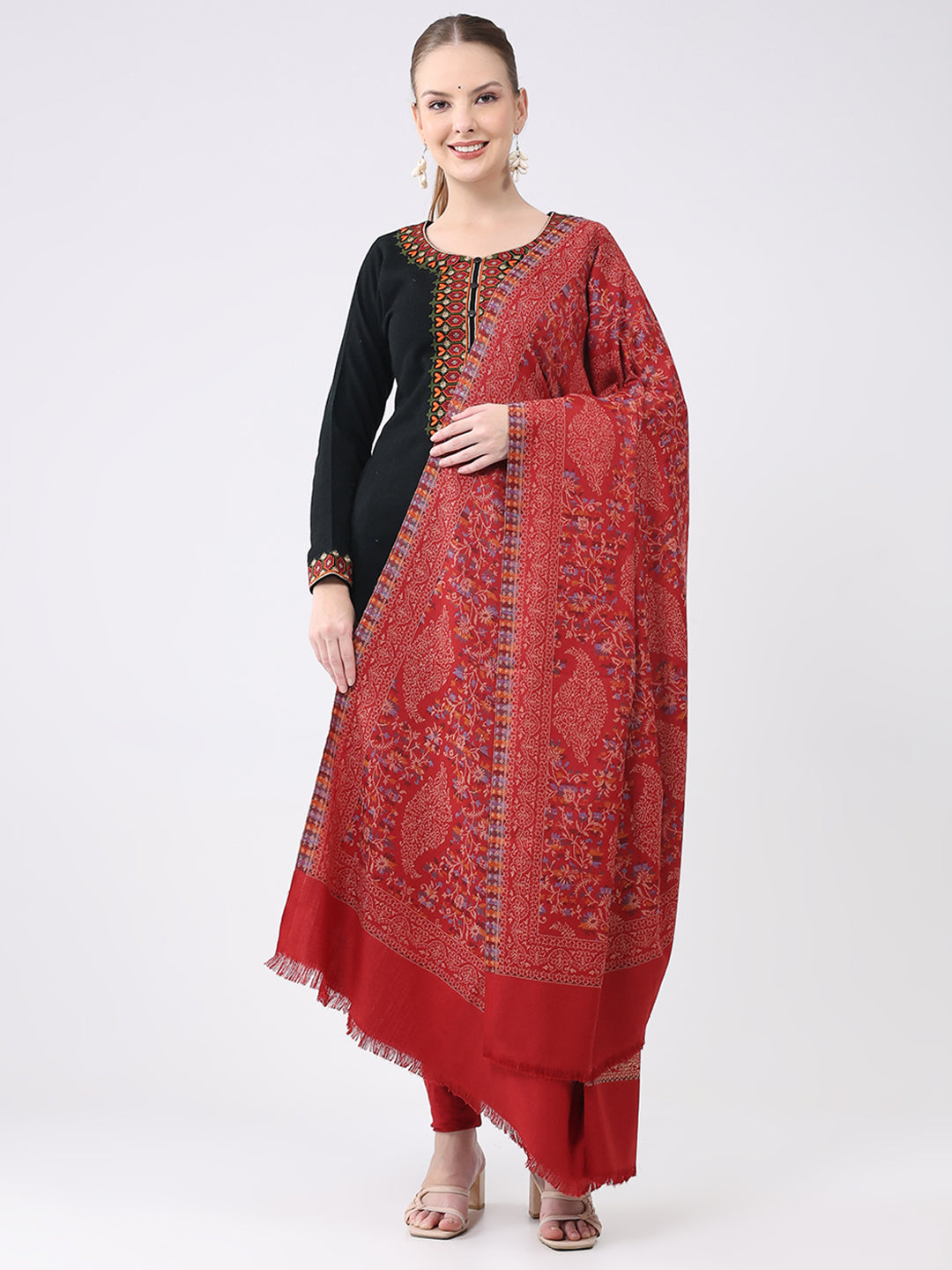 Women Maroon Self Design Wool Shawl