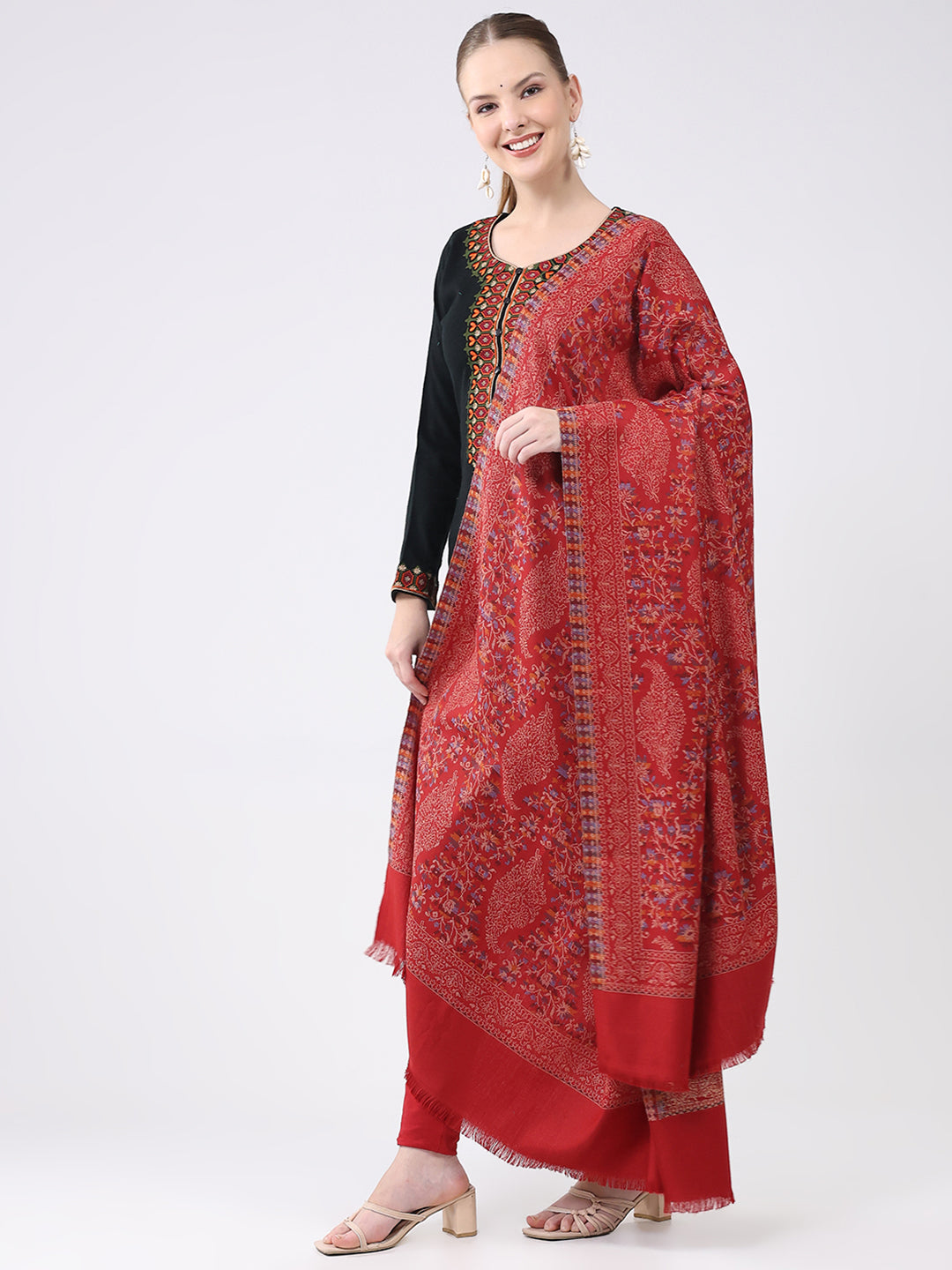 Women Maroon Self Design Wool Shawl