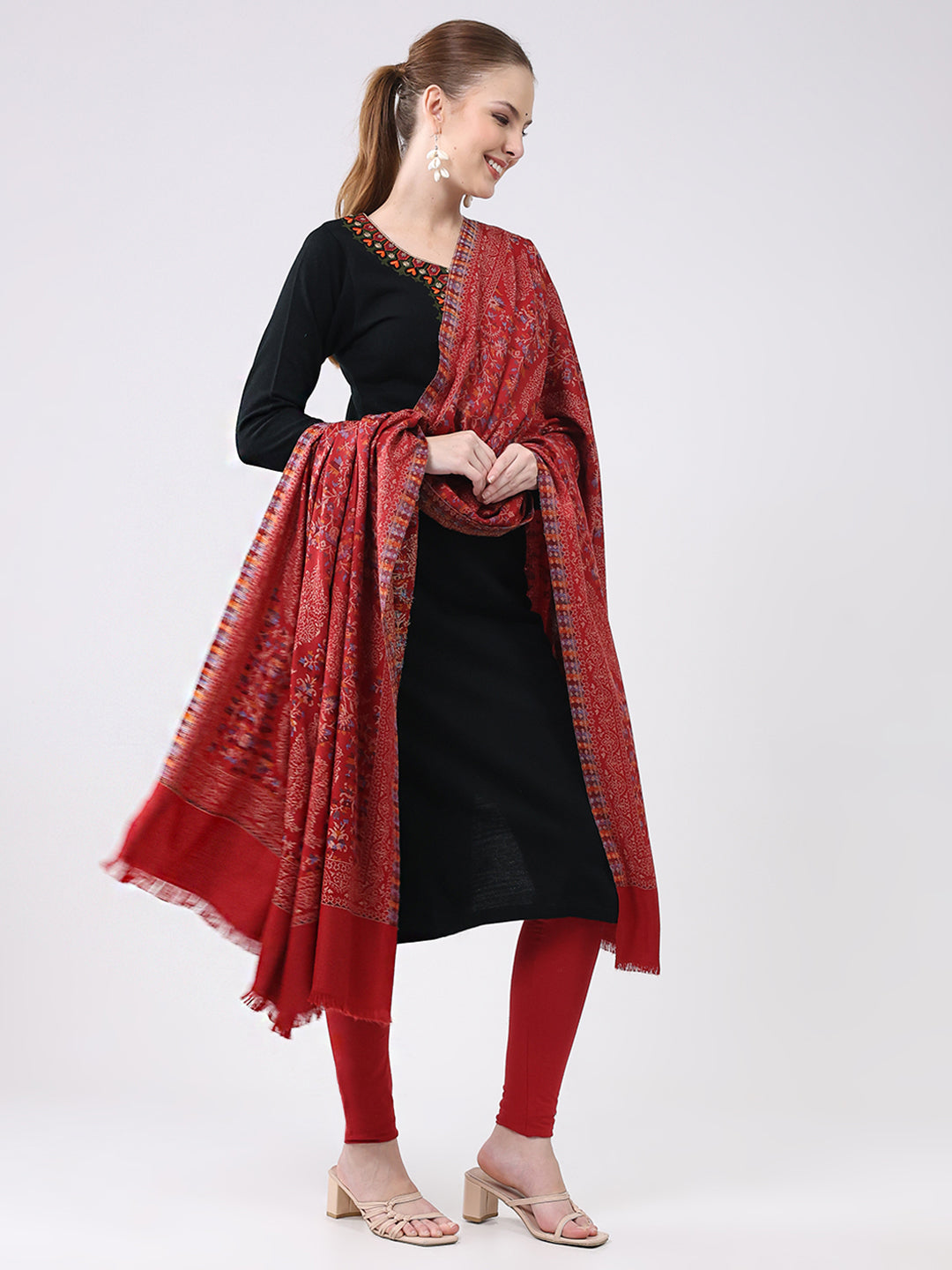 Women Maroon Self Design Wool Shawl