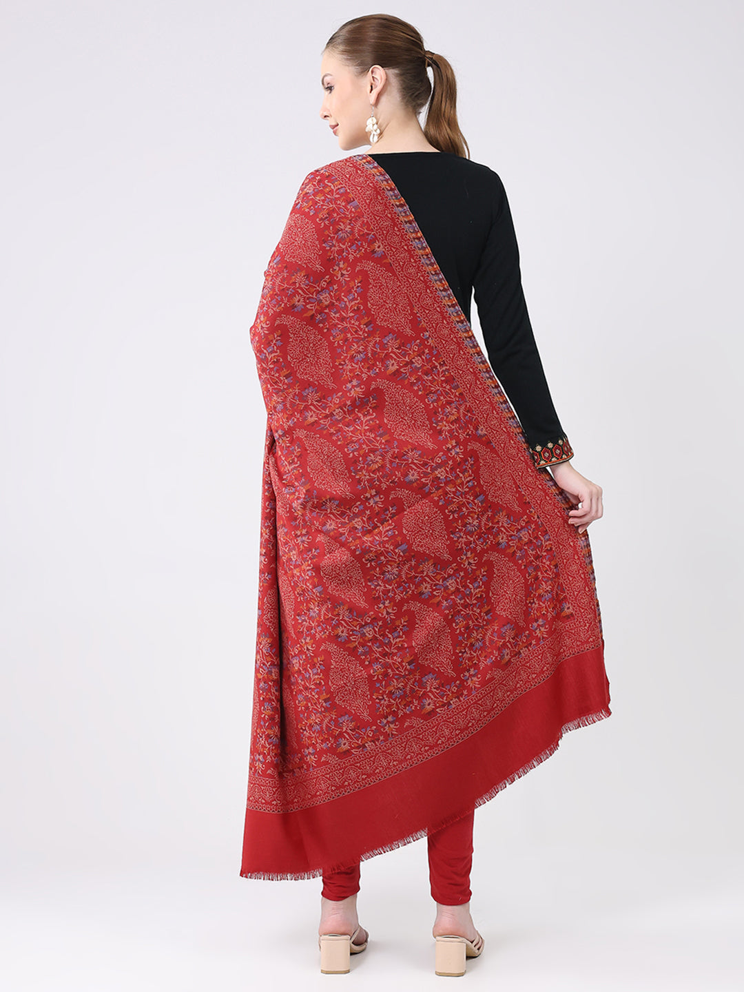 Women Maroon Self Design Wool Shawl