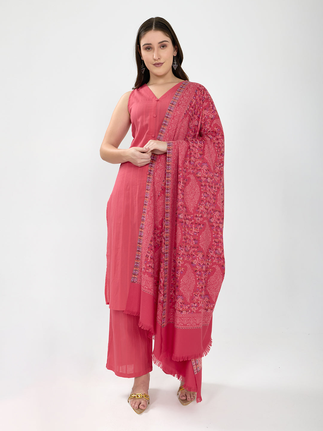 Women Pink Paisley Print Polyester Shawl