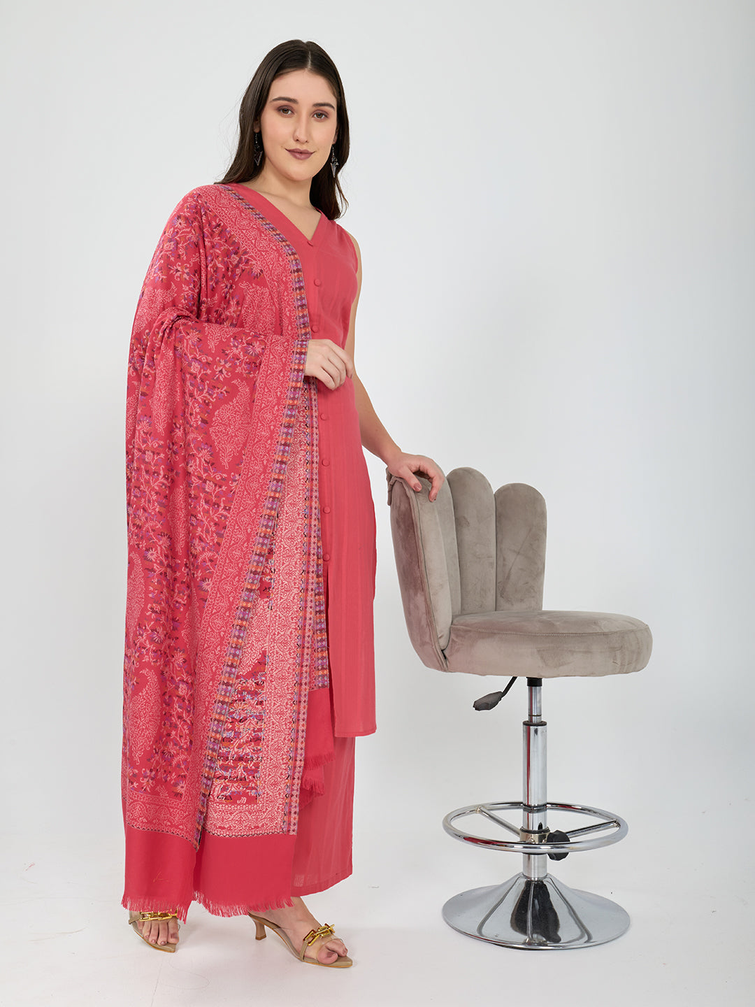 Women Pink Paisley Print Polyester Shawl