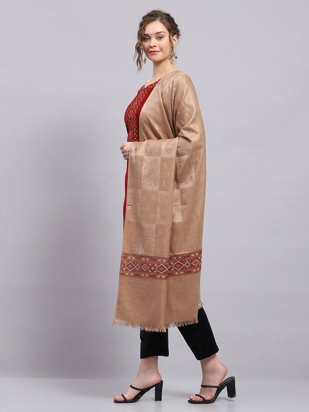 Women Beige Self Design Shawl