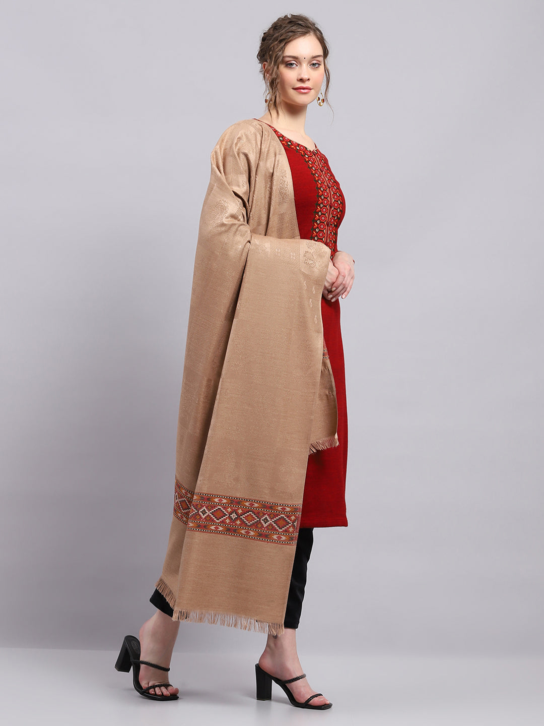 Women Beige Self Design Shawl