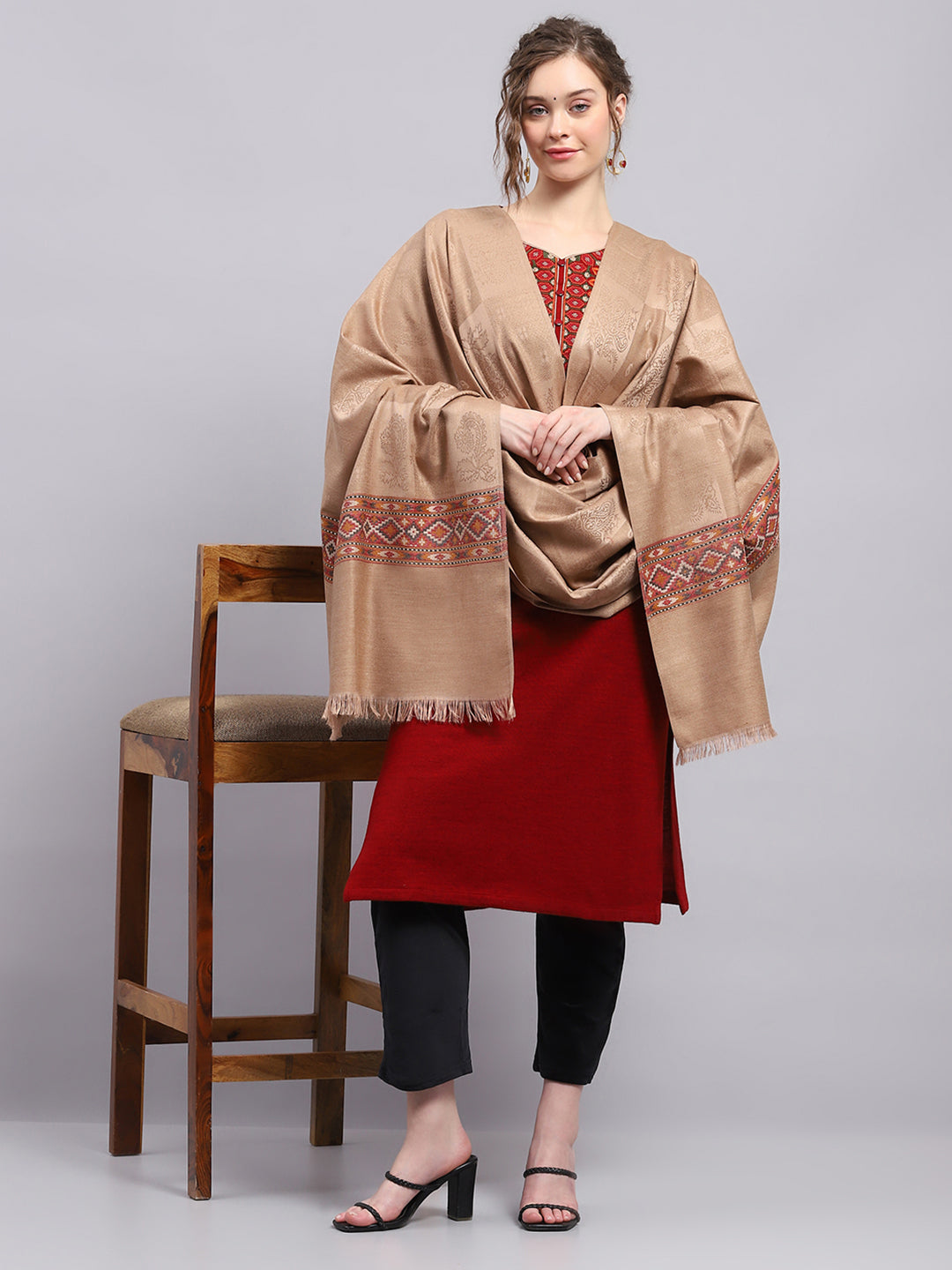 Women Beige Self Design Shawl
