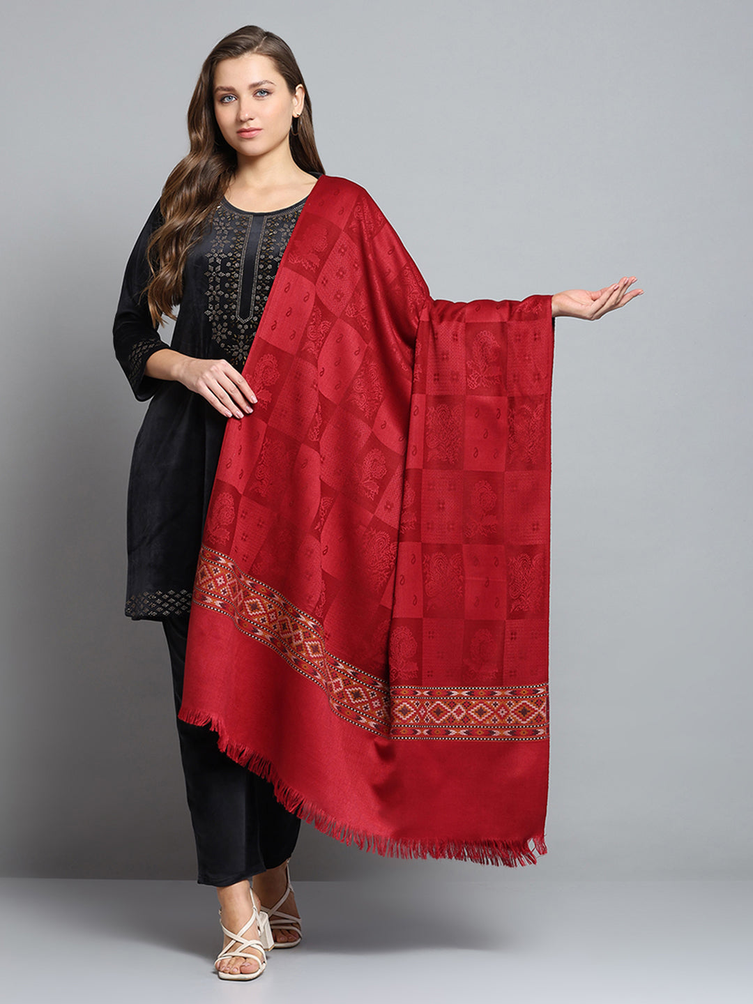 Women Maroon Self Design Shawl
