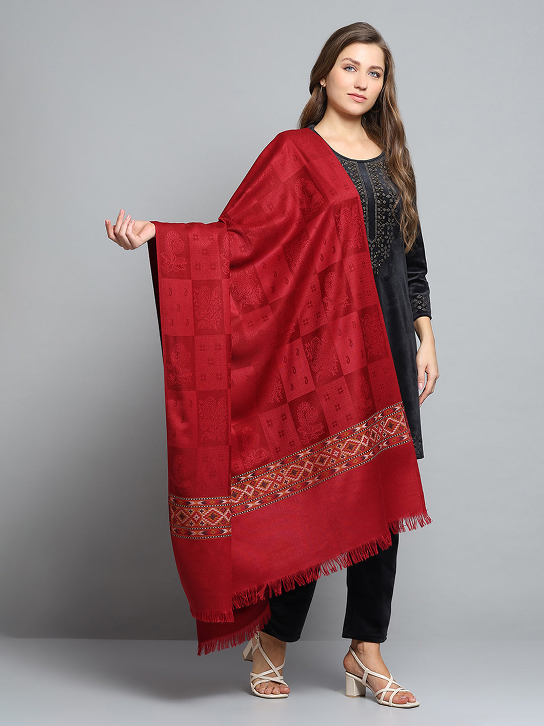 Women Maroon Self Design Shawl