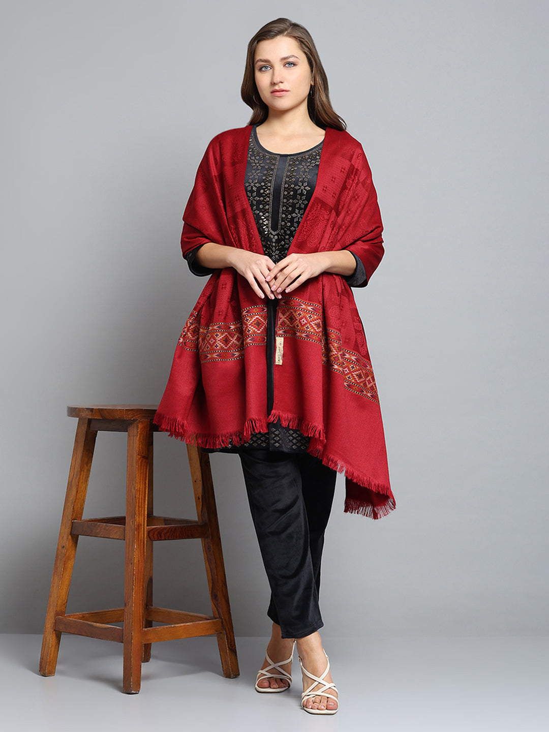 Women Maroon Self Design Shawl