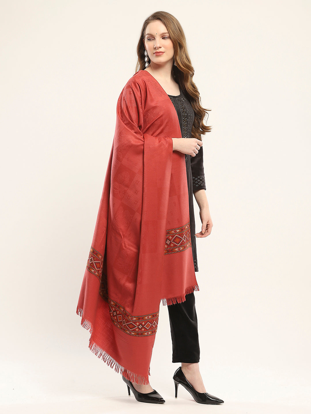 Women Red Self Design Shawl