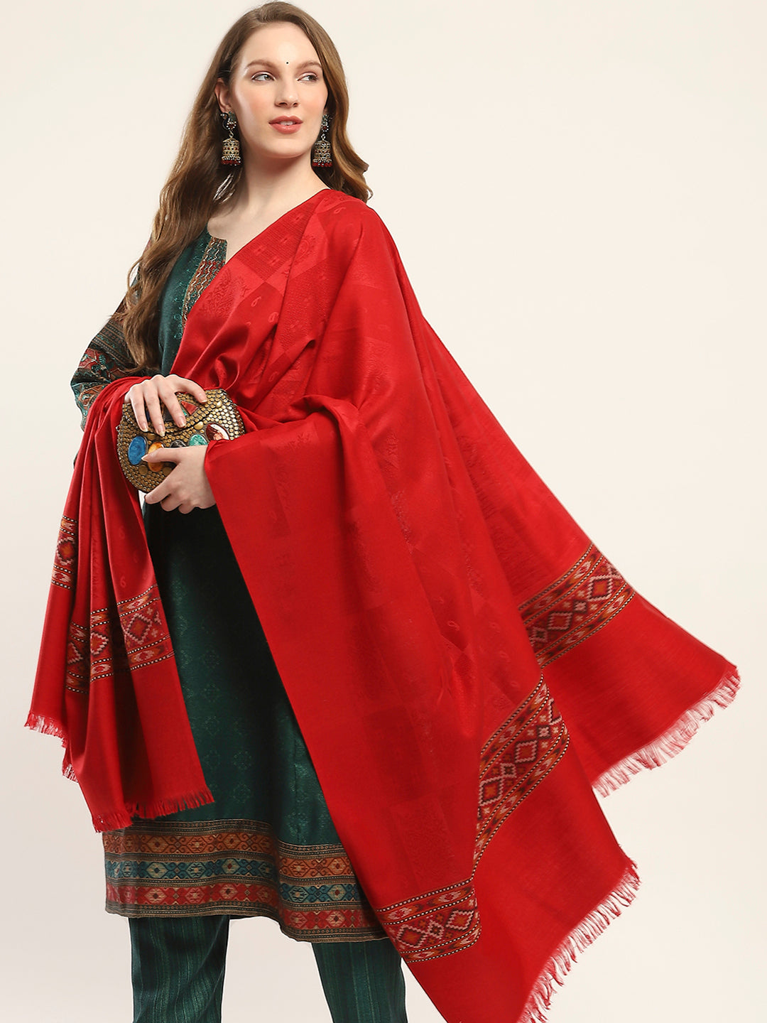 Women Red Self Design Shawl