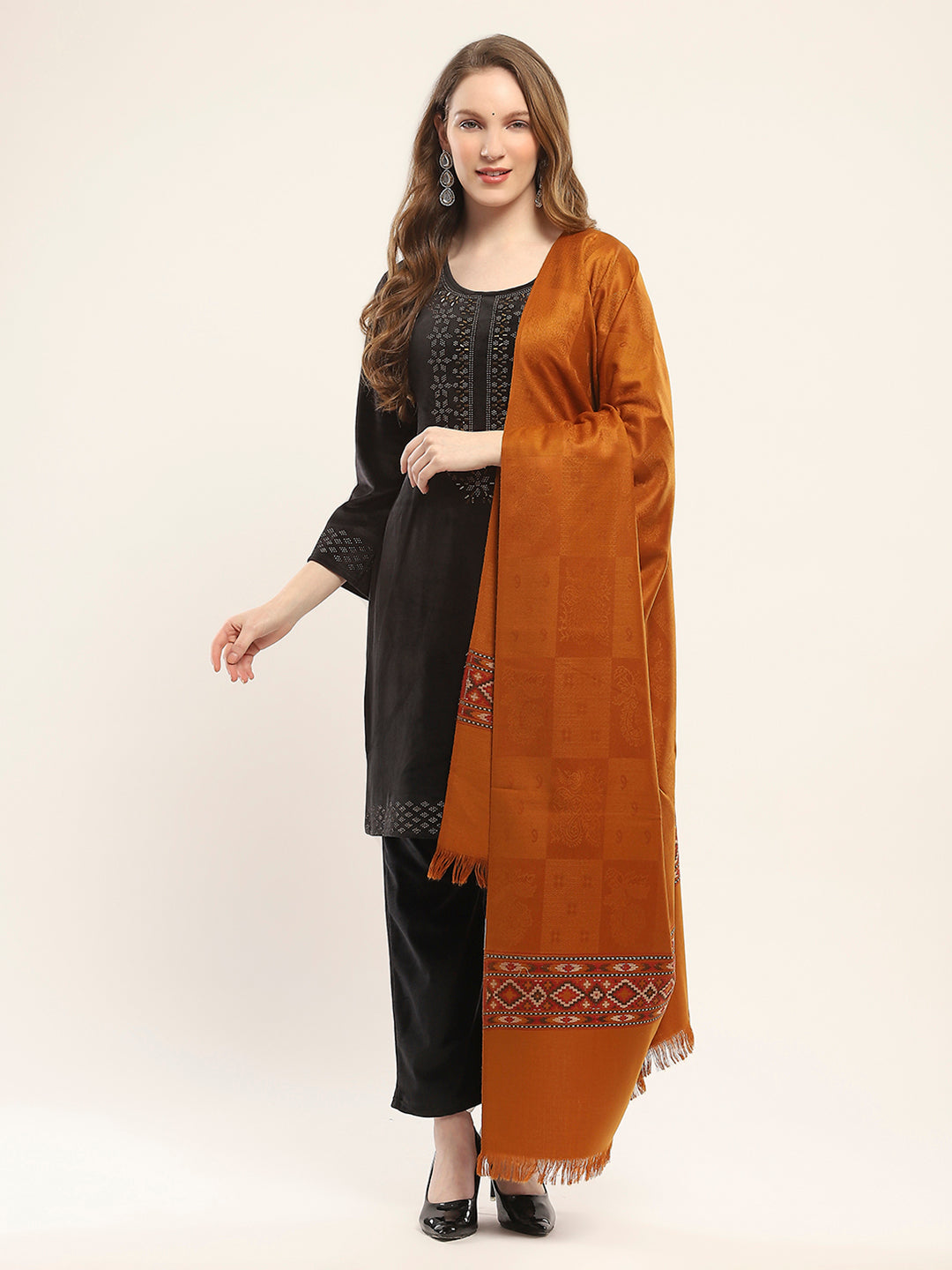 Women Mustard Self Design Shawl