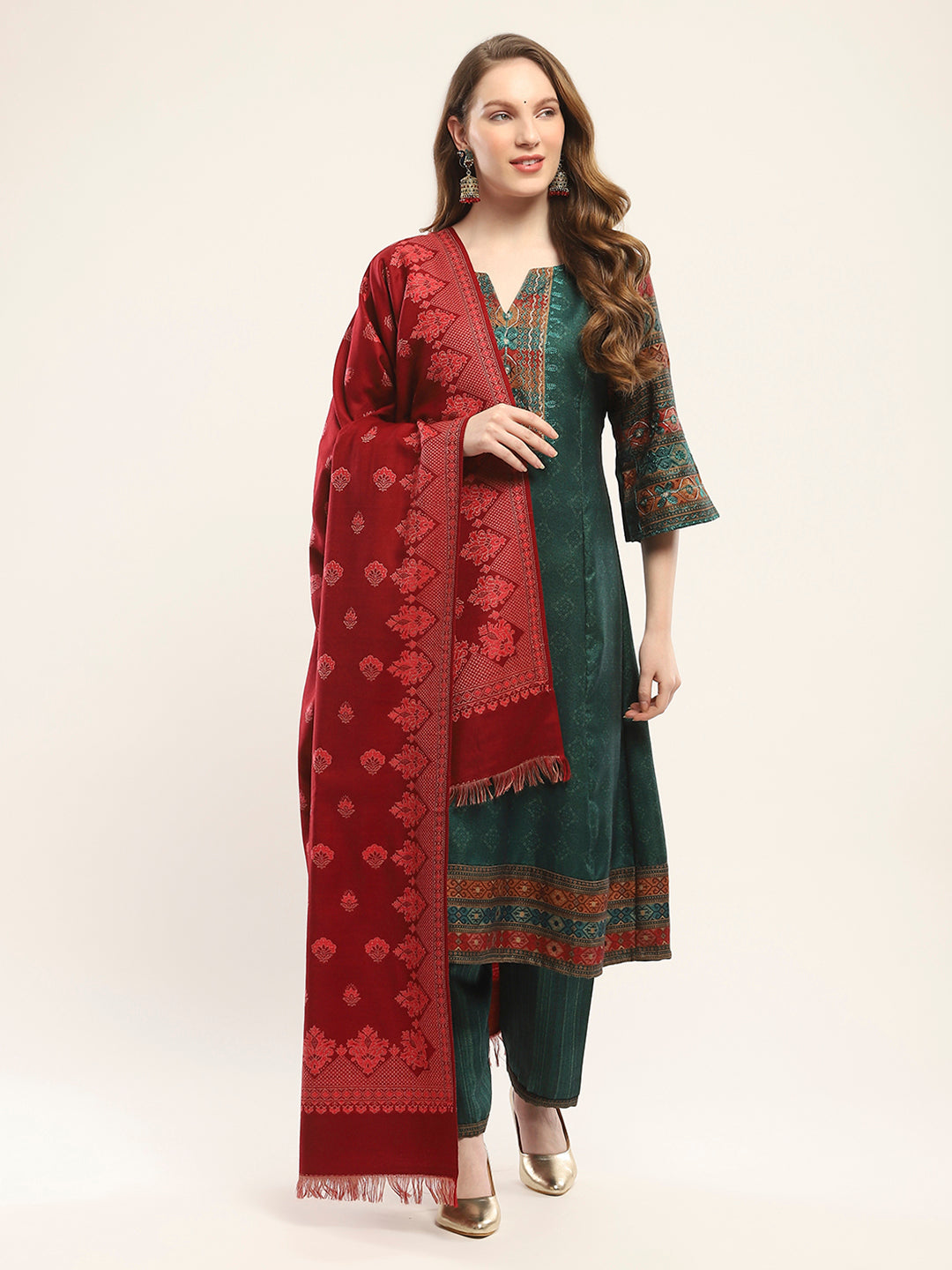 Women Maroon Self Design Shawl