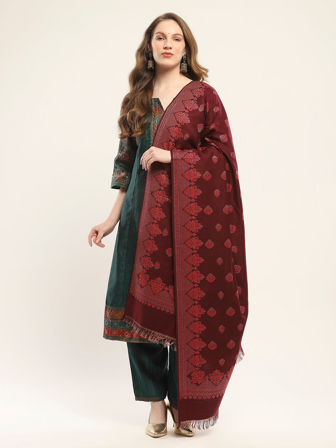 Women Maroon Self Design Shawl