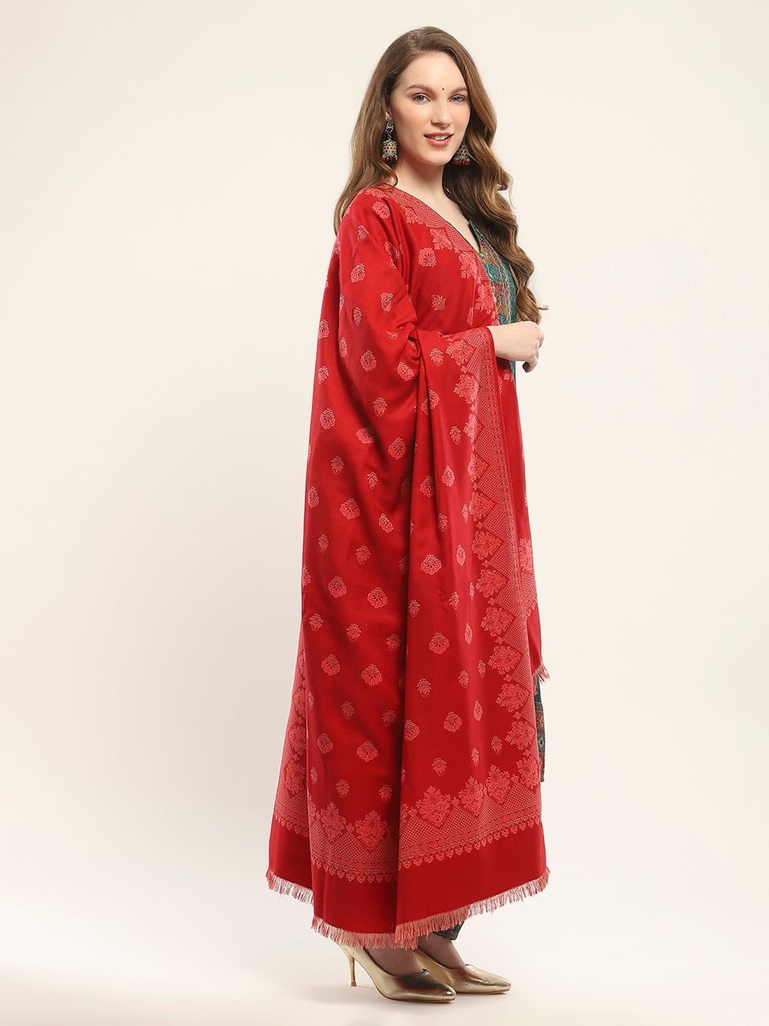 Women Red Self Design Shawl
