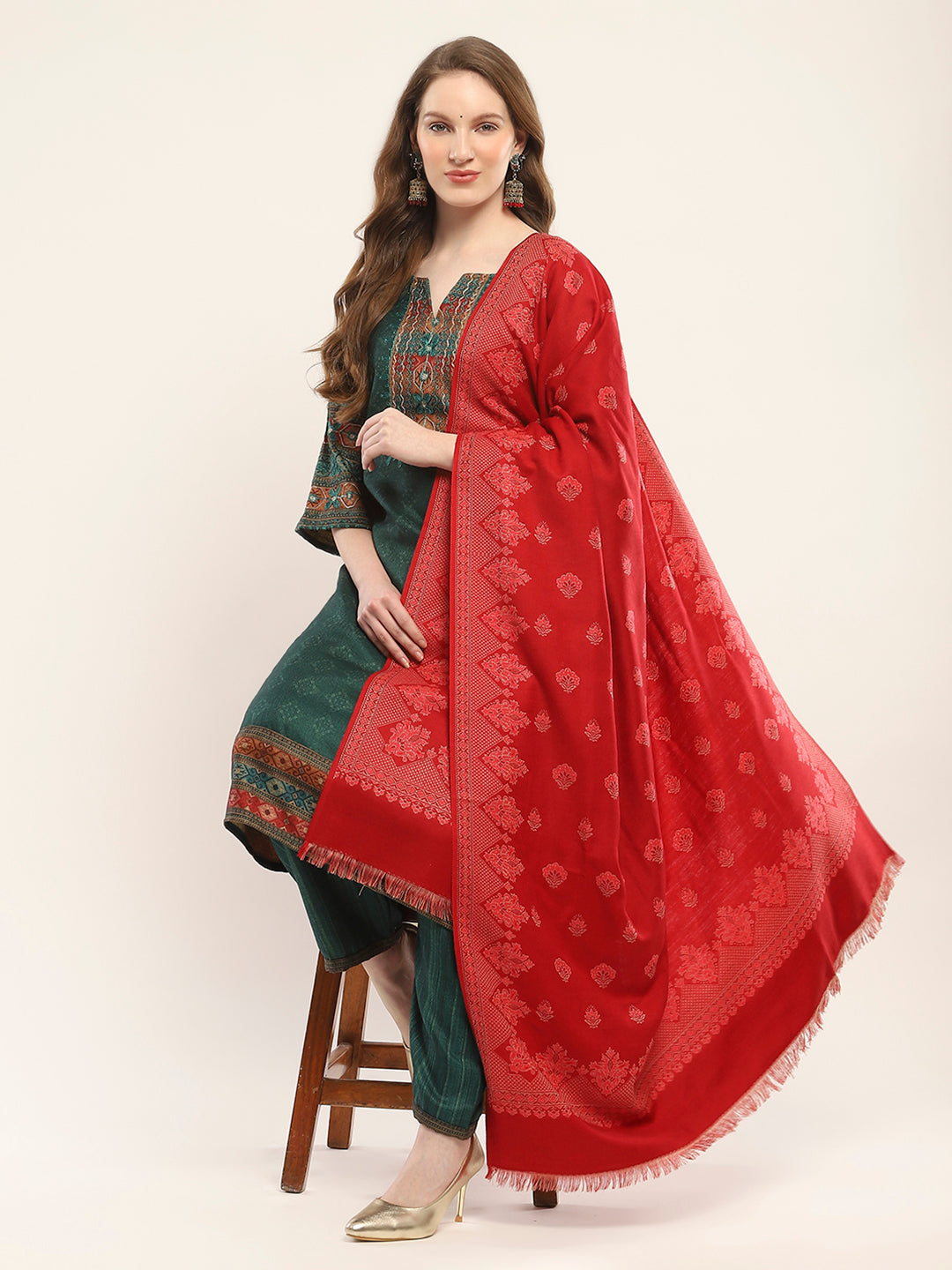 Women Red Self Design Shawl