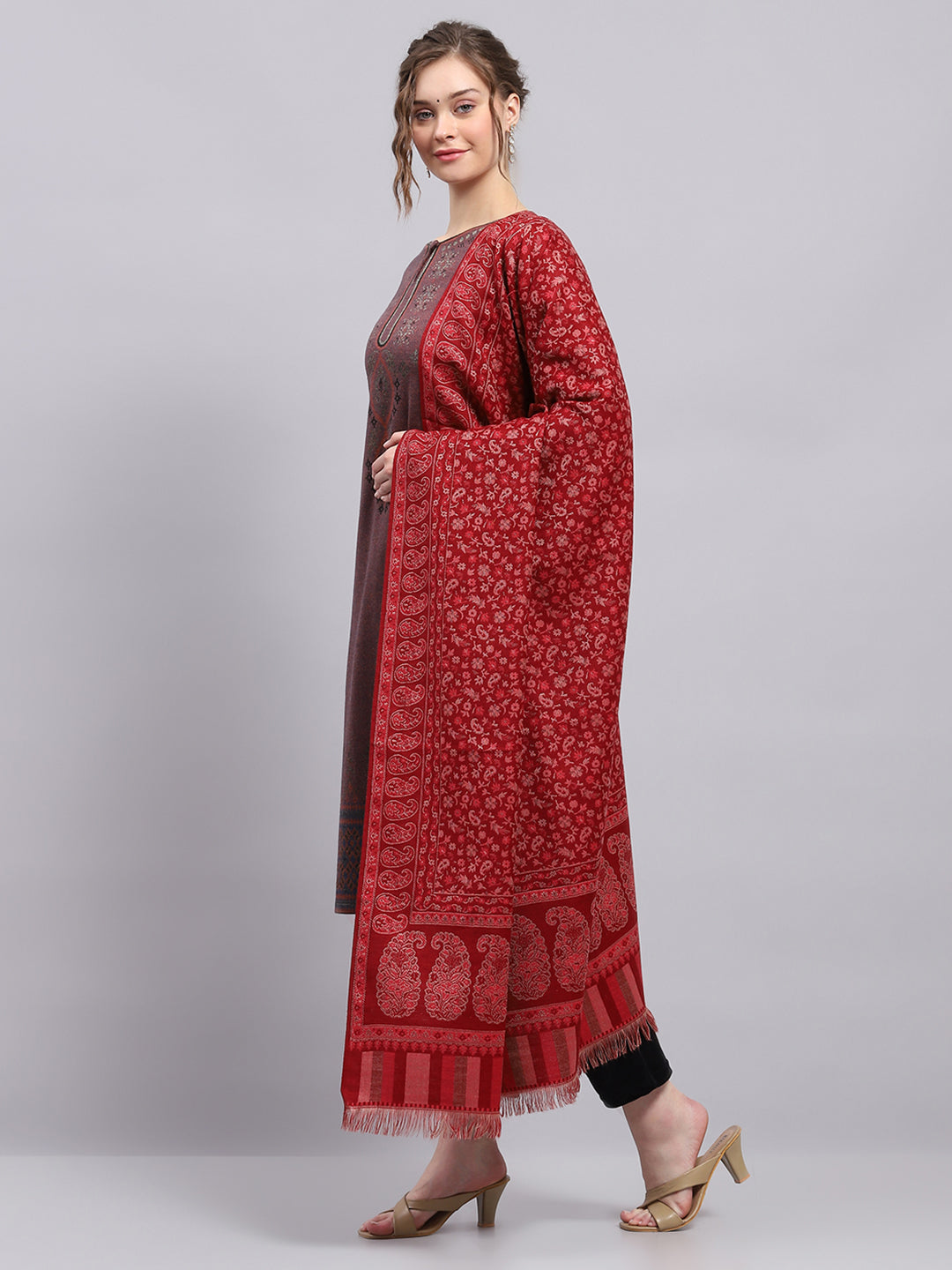 Women Maroon Self Design Shawl