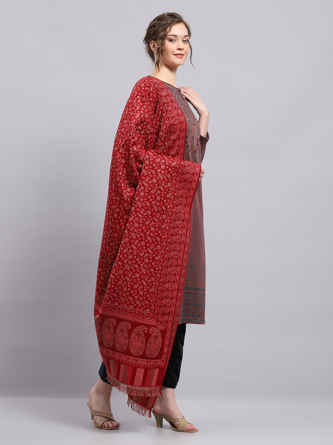 Women Maroon Self Design Shawl