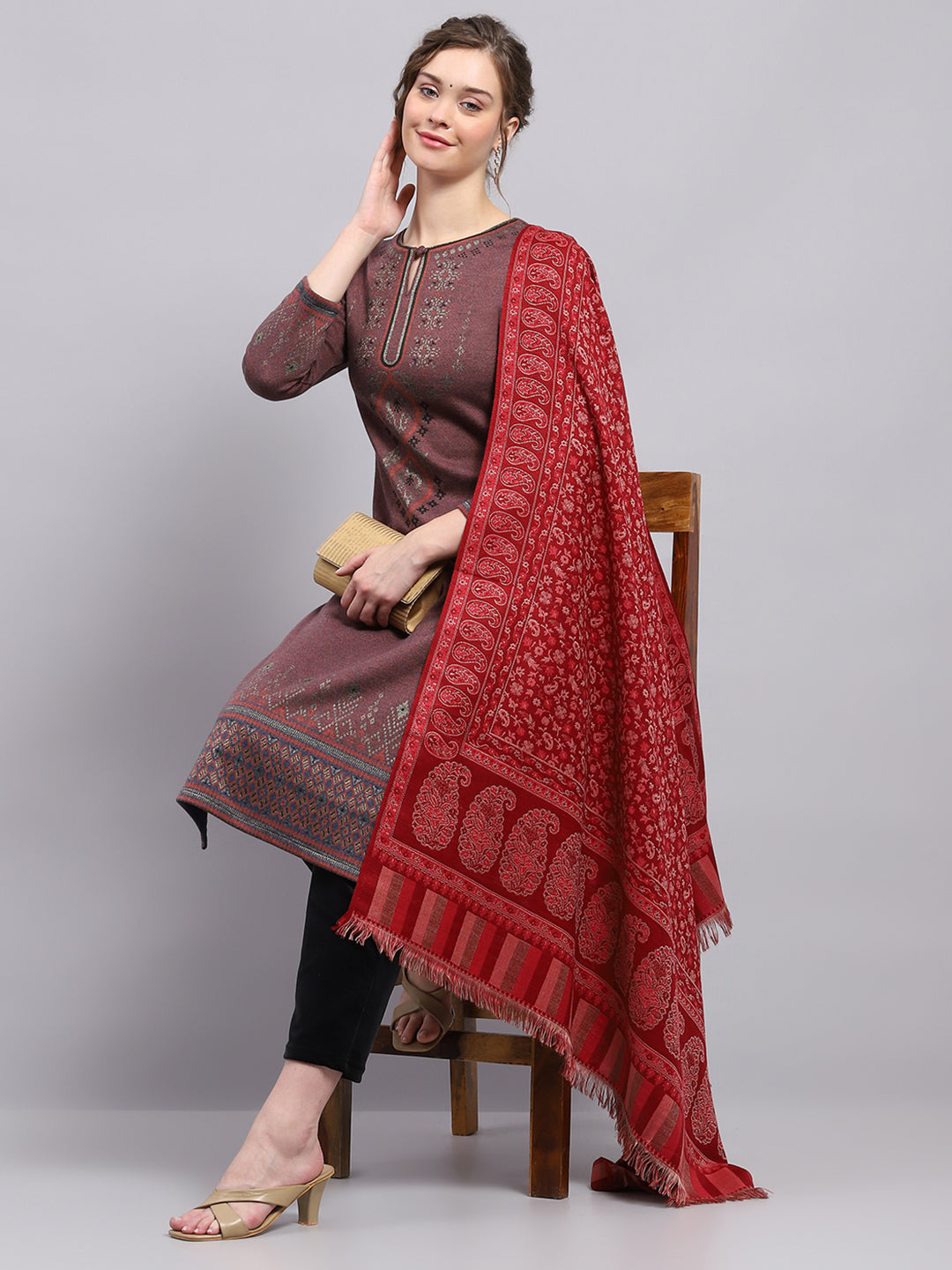 Women Maroon Self Design Shawl