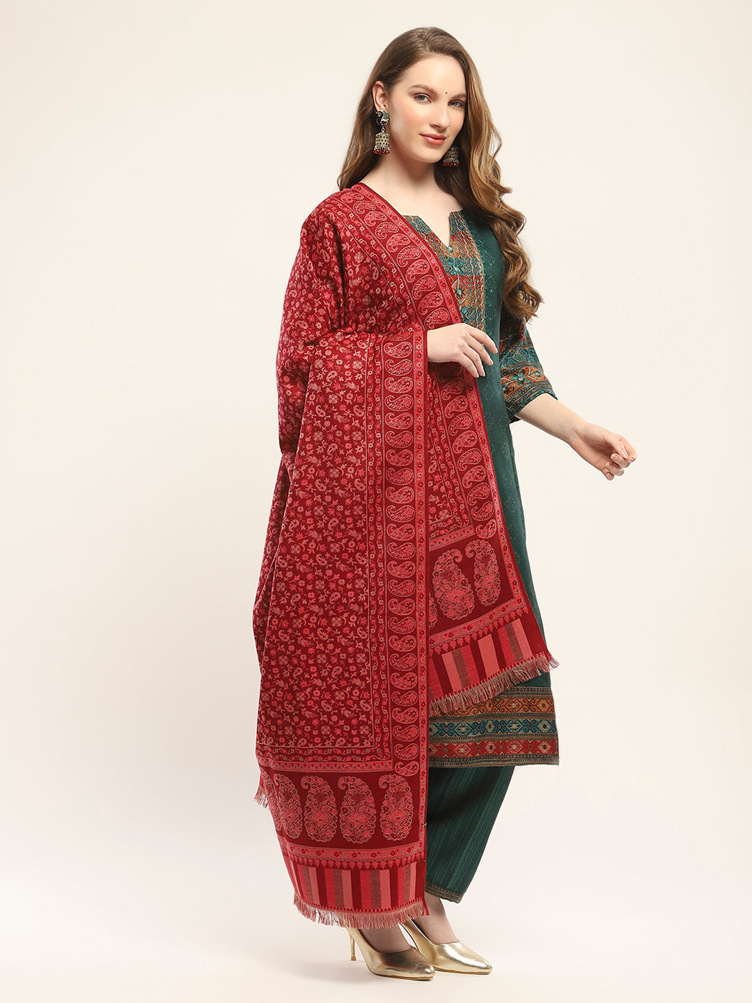 Women Maroon Self Design Shawl