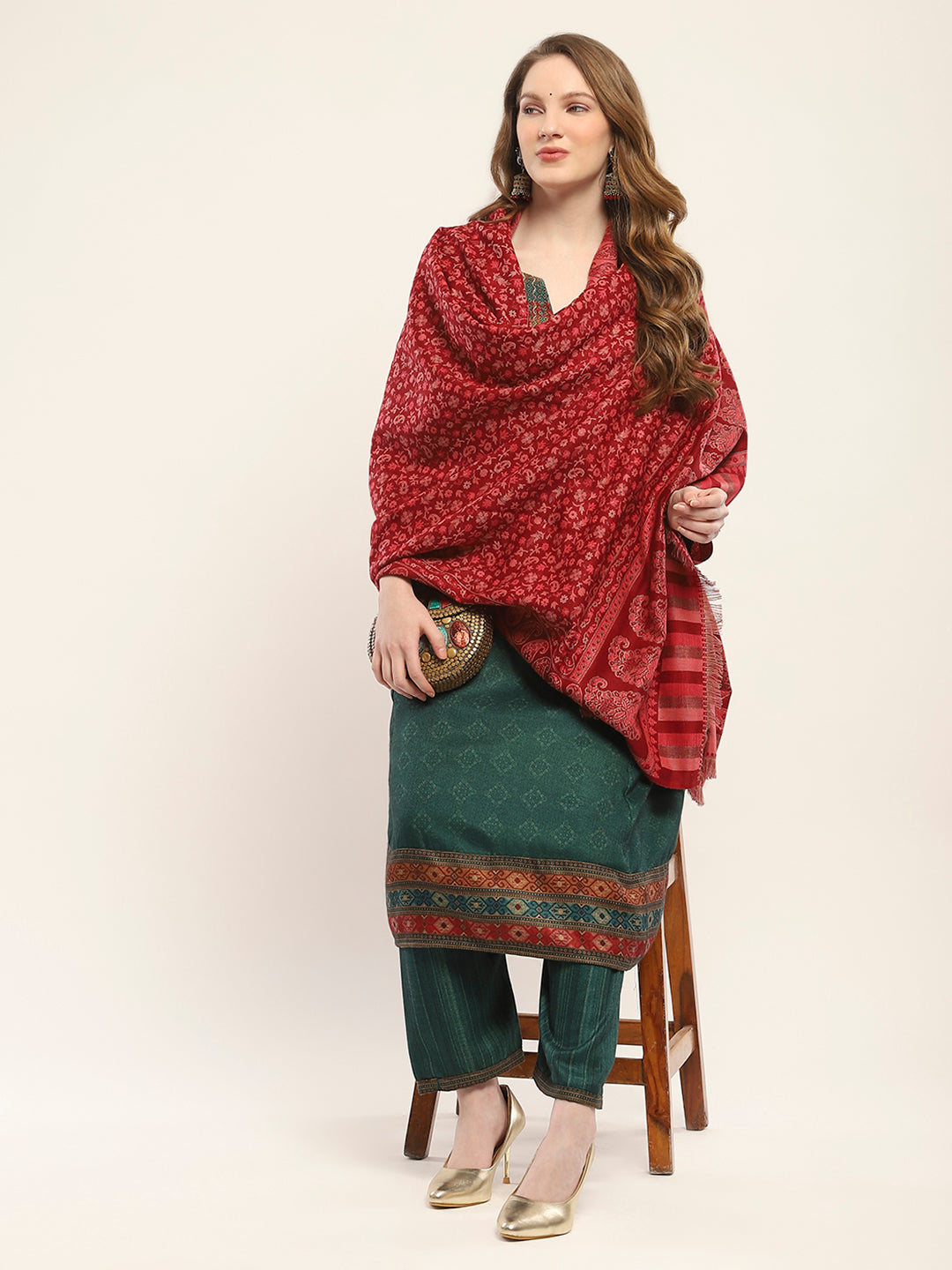 Women Maroon Self Design Shawl