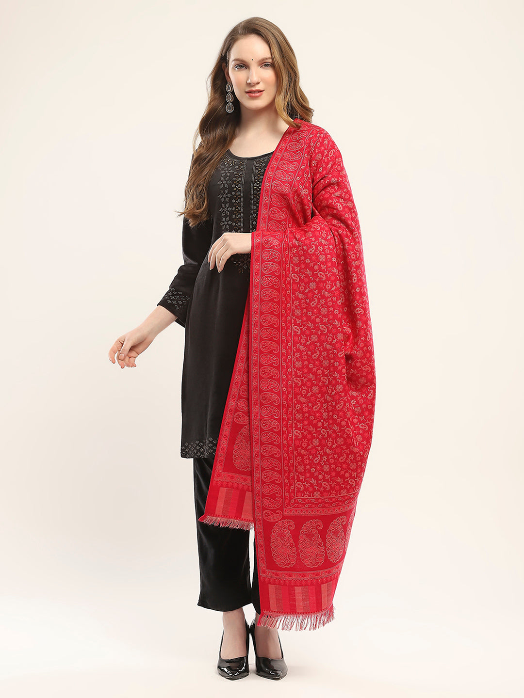 Women Red Self Design Shawl