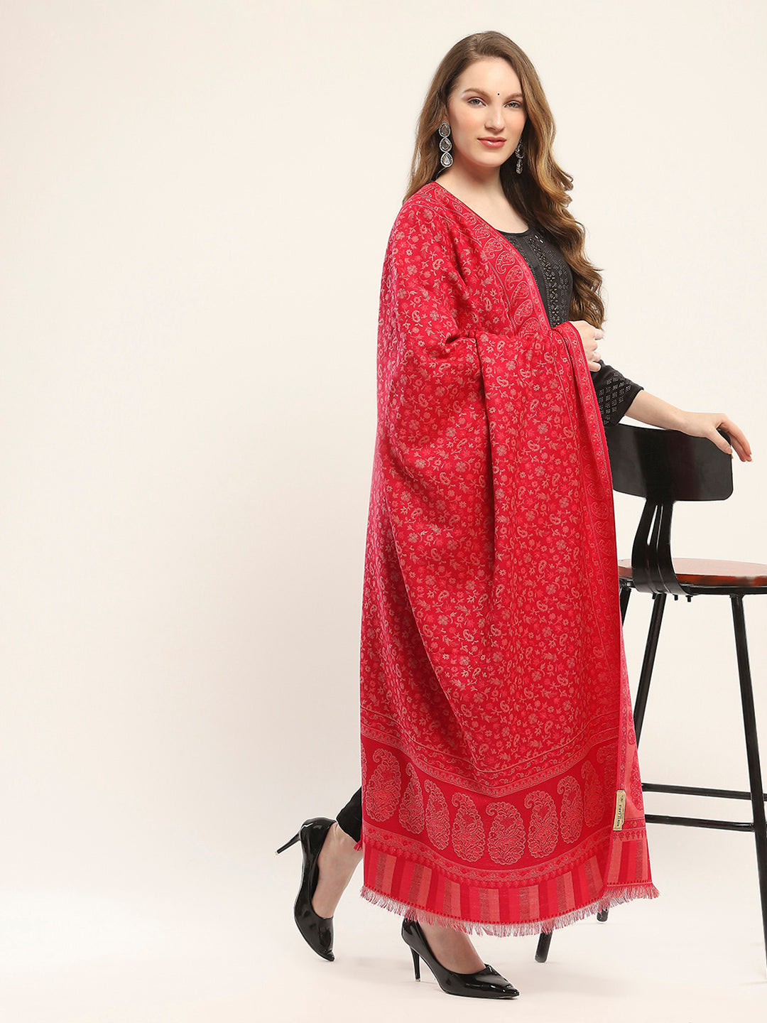 Women Red Self Design Shawl