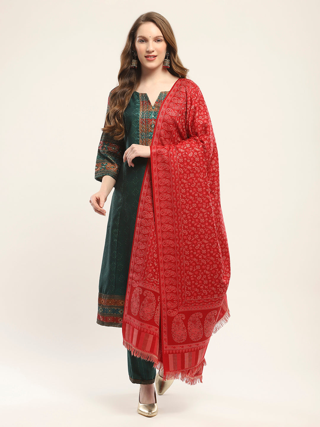 Women Red Self Design Shawl