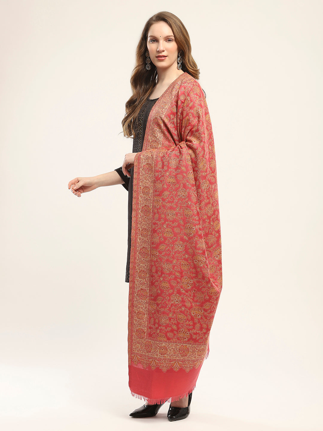 Women Red Self Design Shawl